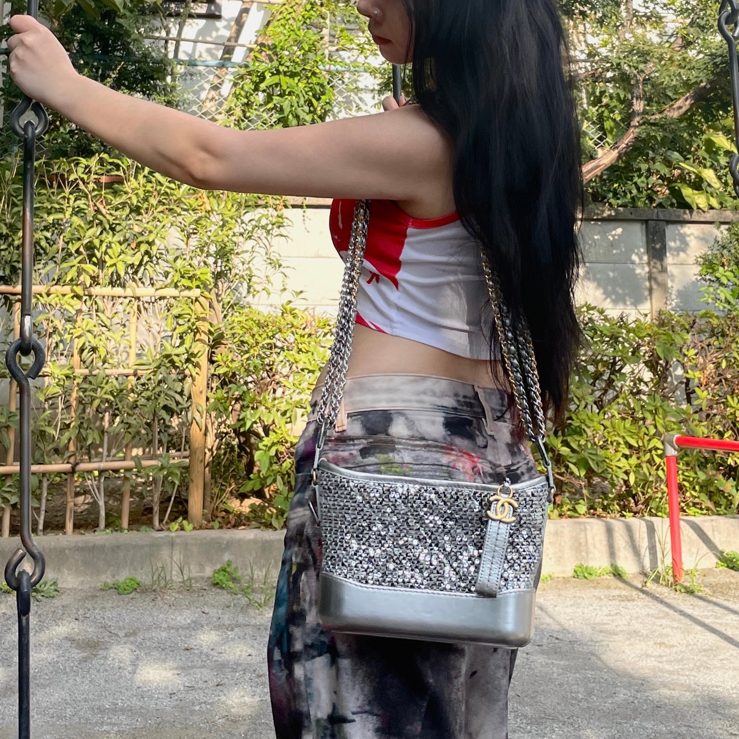 RARE★★★★CHANEL 2021~ Gabrielle Chanel Sequined Leather Double Chain Strap Hobo Crossbody Bag Mini Silver Gold