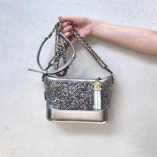 RARE★★★★CHANEL 2021~ Gabrielle Chanel Sequined Leather Double Chain Strap Hobo Crossbody Bag Mini Silver Gold