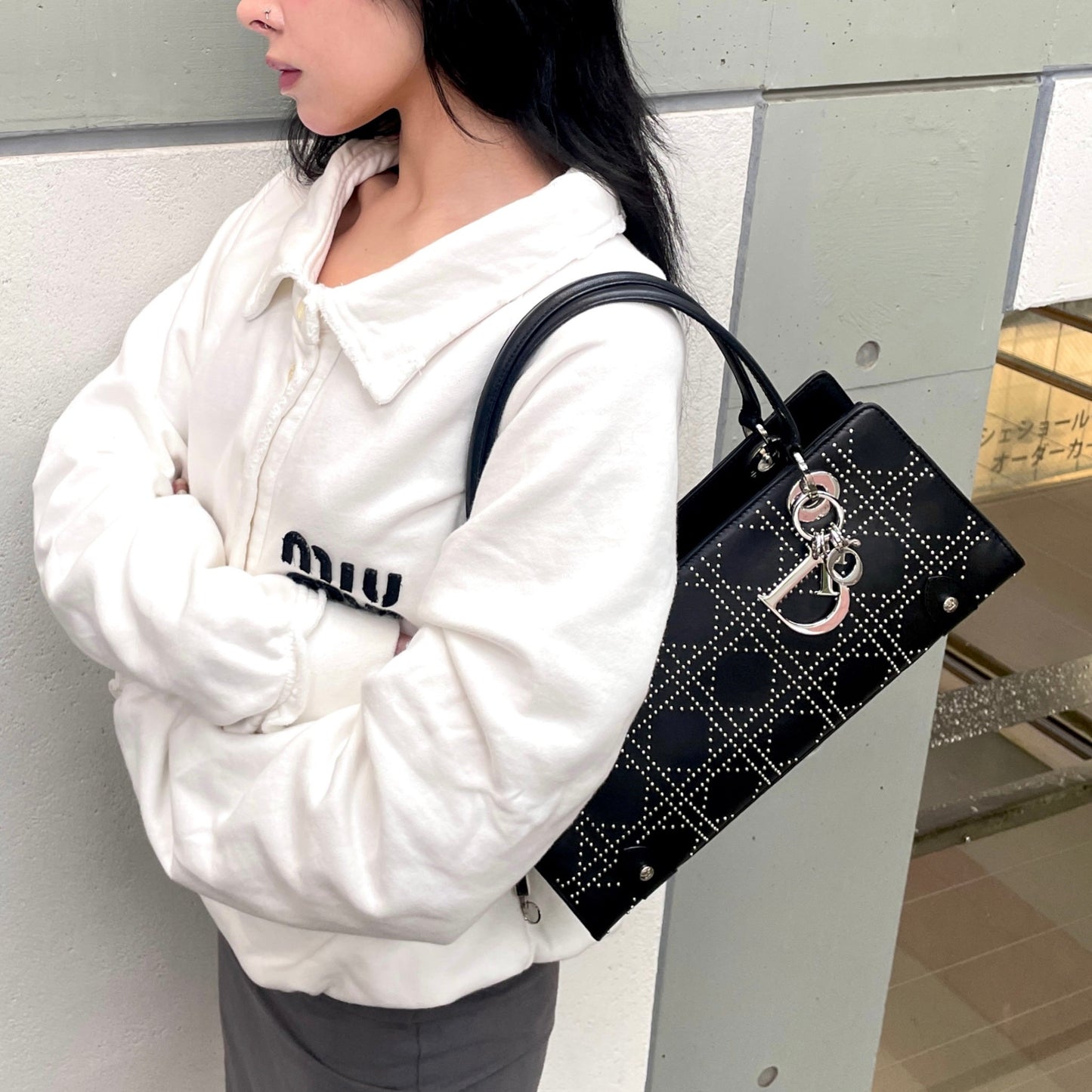 RARE☆☆☆☆☆CHRISTIAN DIOR Preloved Lady Dior Cannage Studs Design Hand Bag Black &amp; Silver