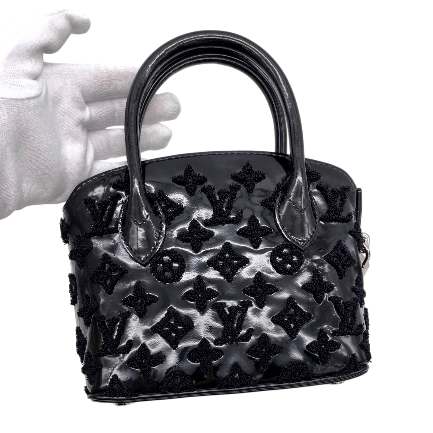 RARE★★★★LOUIS VUITTON 2012 FW Monogram Vernis Patent Leather & Velour Lockit BB Top Handle Bag Mini Black/Silver