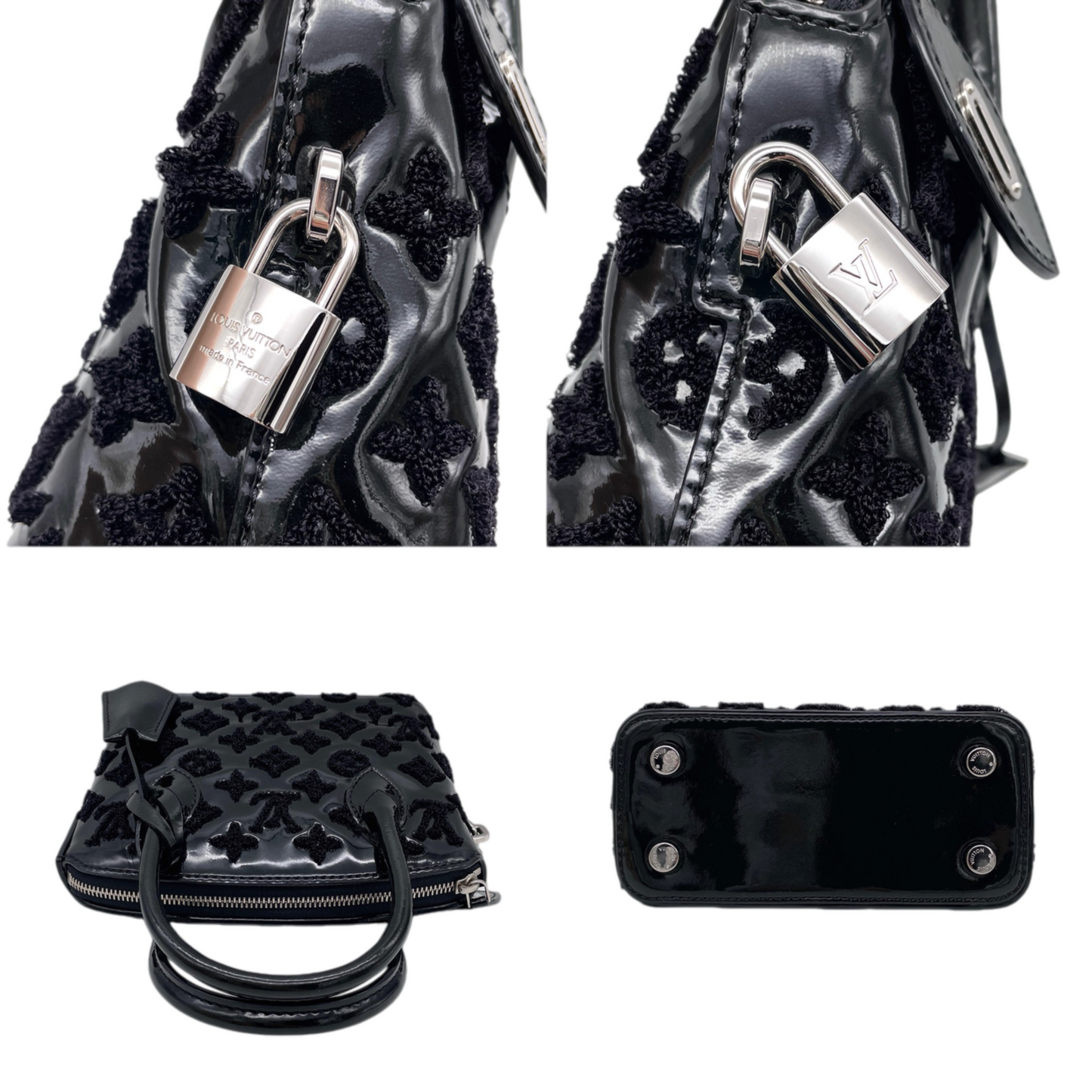 RARE★★★★LOUIS VUITTON 2012 FW Monogram Vernis Patent Leather & Velour Lockit BB Top Handle Bag Mini Black/Silver