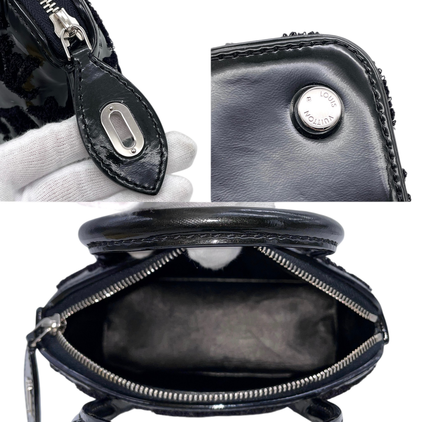 RARE★★★★LOUIS VUITTON 2012 FW Monogram Vernis Patent Leather & Velour Lockit BB Top Handle Bag Mini Black/Silver