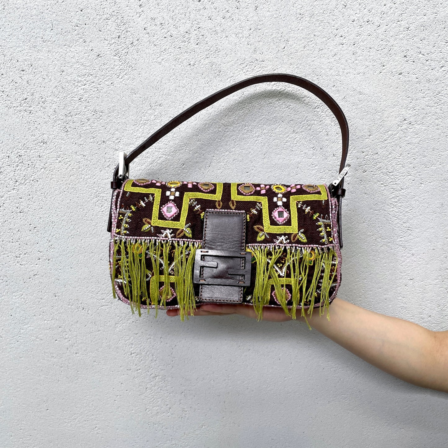 RARE☆☆☆☆FENDI Beads Embroidery Mamma Baguette PM Shoulder Bag Brown &amp; Green etc...