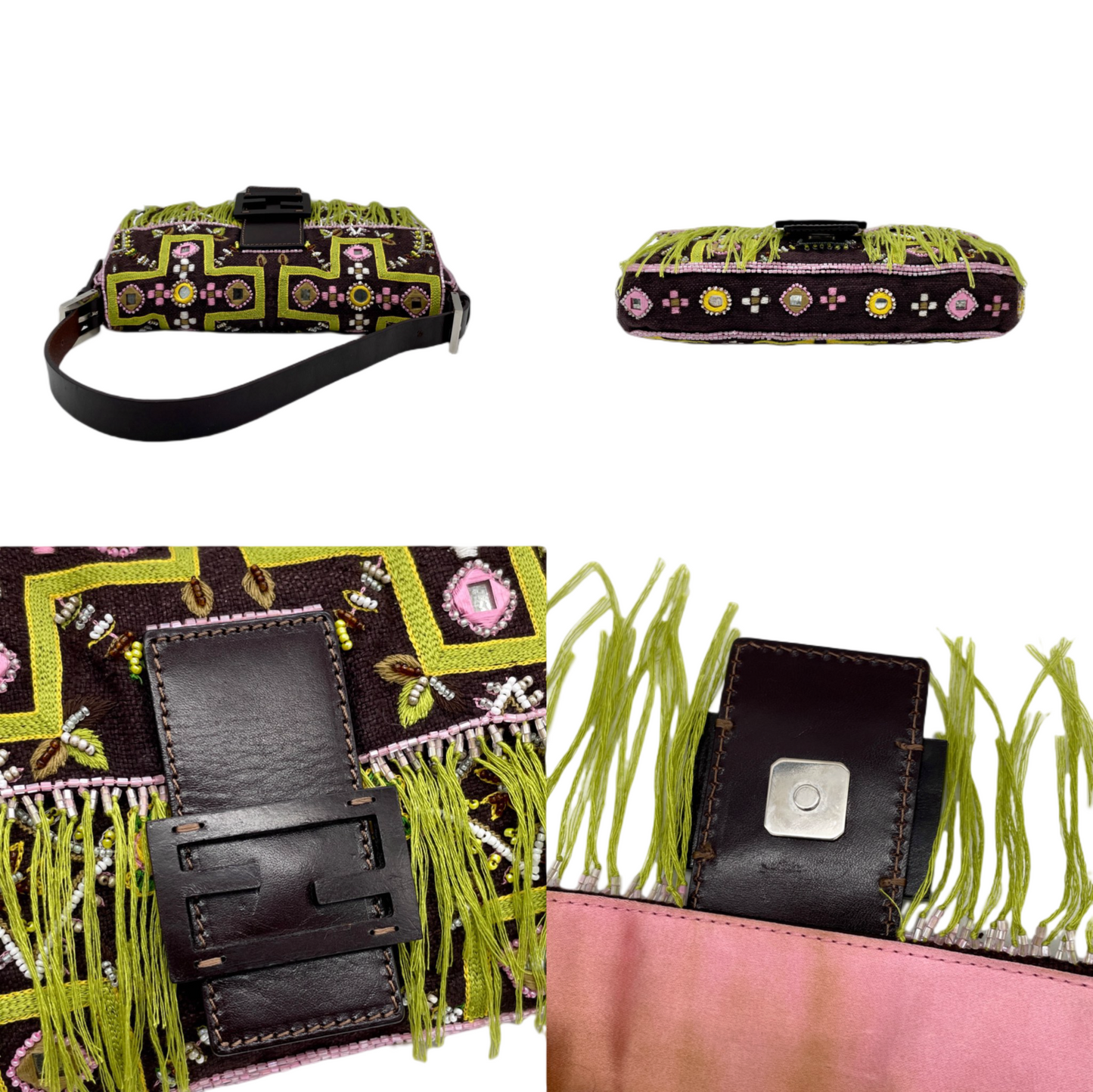 RARE☆☆☆☆FENDI Beads Embroidery Mamma Baguette PM Shoulder Bag Brown &amp; Green etc...