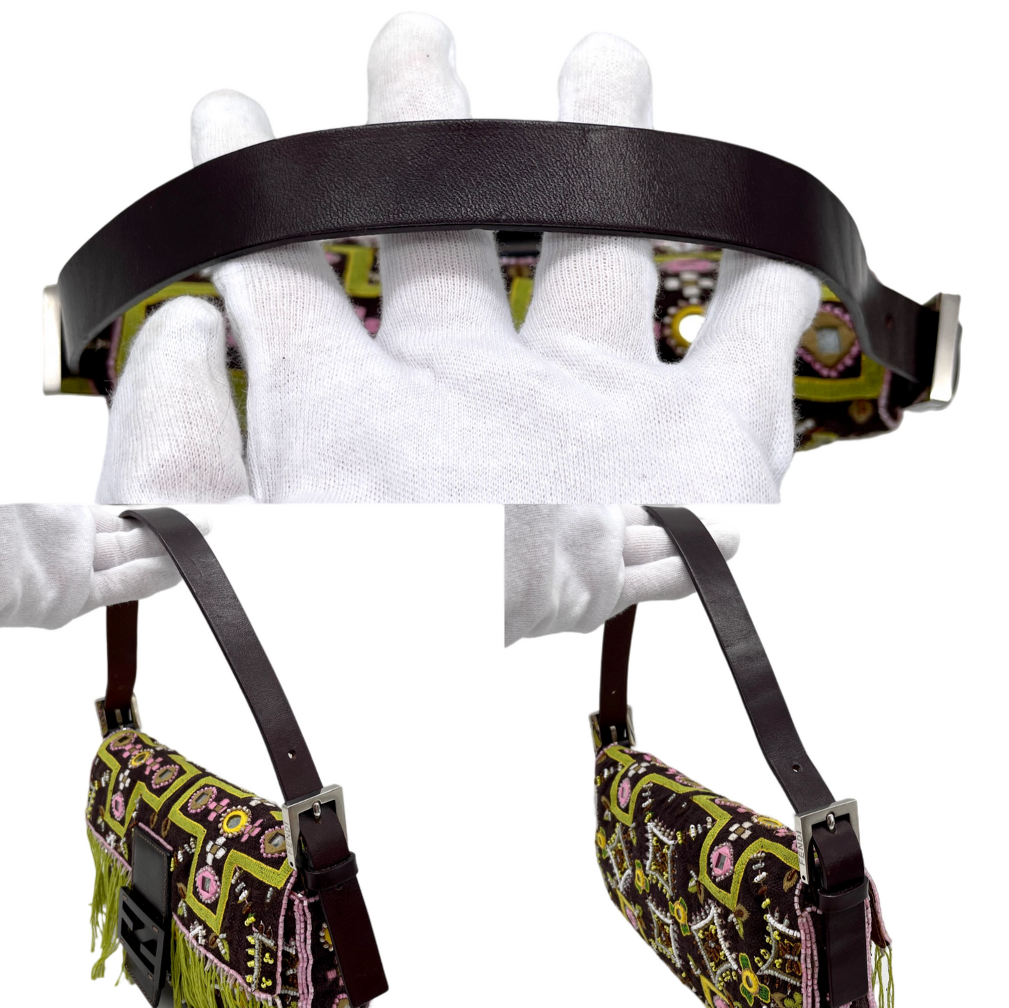 RARE☆☆☆☆FENDI Beads Embroidery Mamma Baguette PM Shoulder Bag Brown &amp; Green etc...