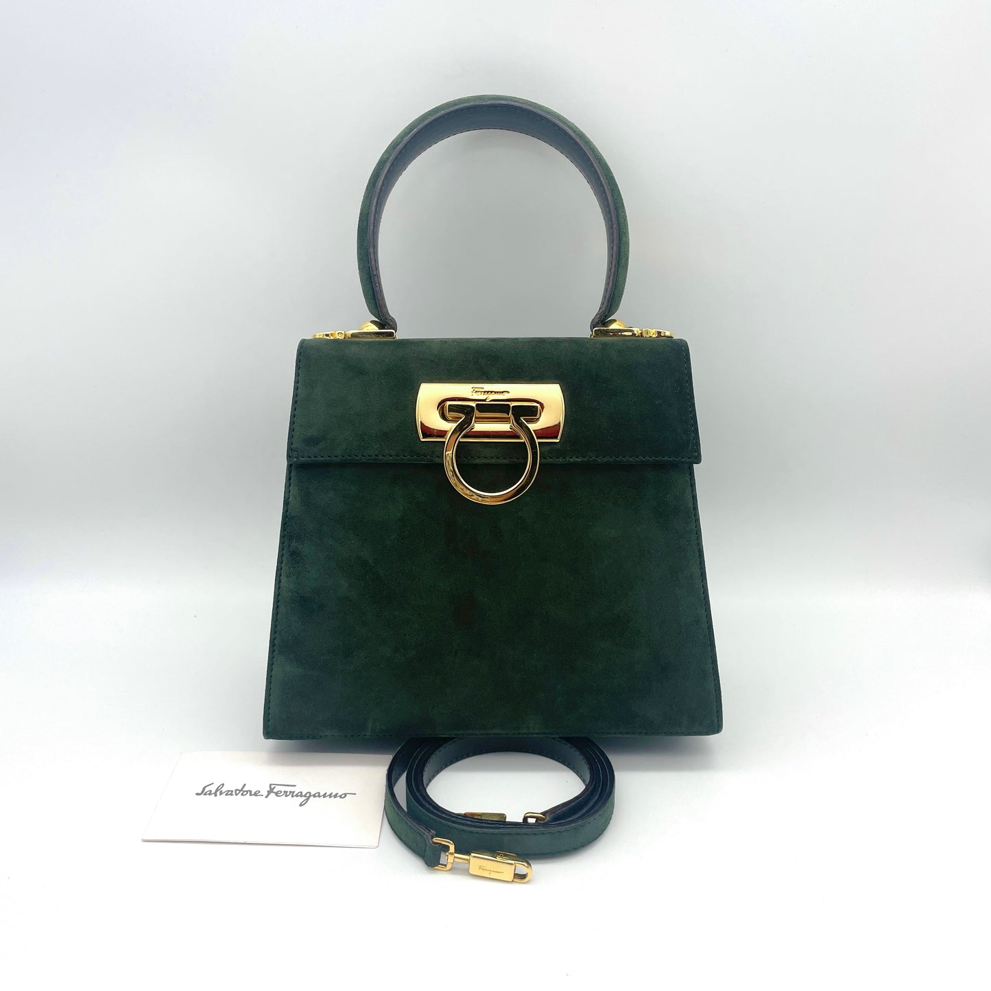 RARE☆☆☆Salvatore Ferragamo Ganchini 2WAY 手提包 PM 深绿色绒面革