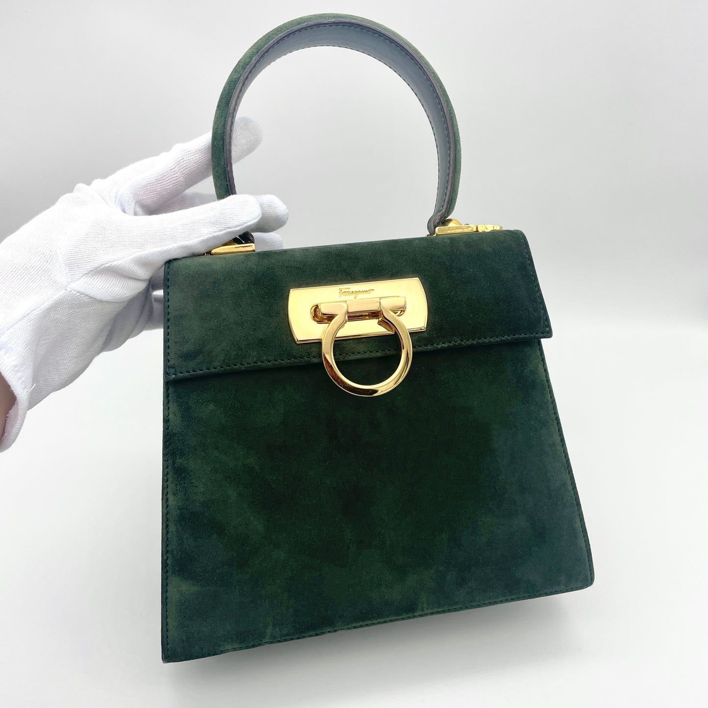 RARE☆☆☆Salvatore Ferragamo Ganchini 2WAY Handbag PM Dark Green Suede Leather