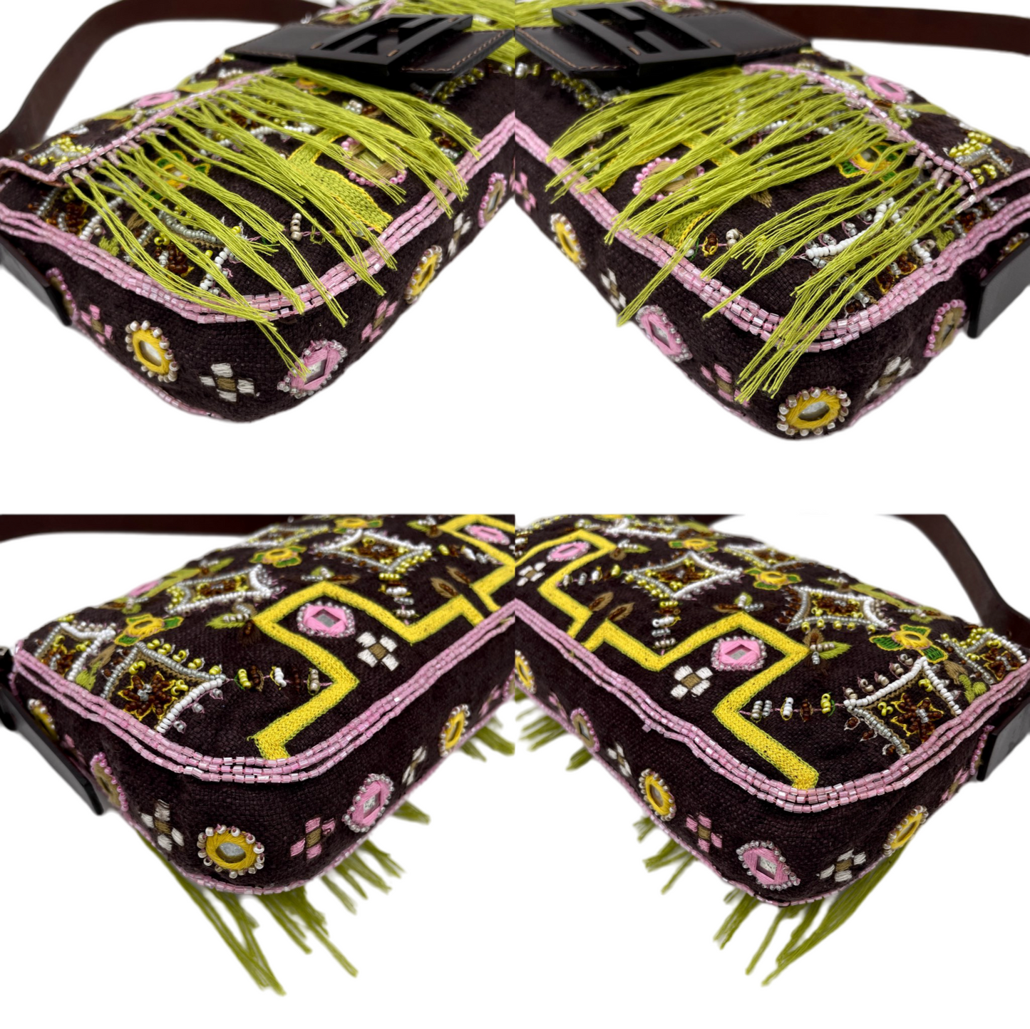 RARE☆☆☆☆FENDI Beads Embroidery Mamma Baguette PM Shoulder Bag Brown &amp; Green etc...