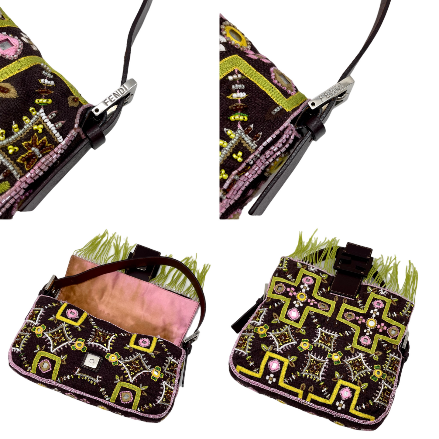 RARE☆☆☆☆FENDI Beads Embroidery Mamma Baguette PM Shoulder Bag Brown &amp; Green etc...