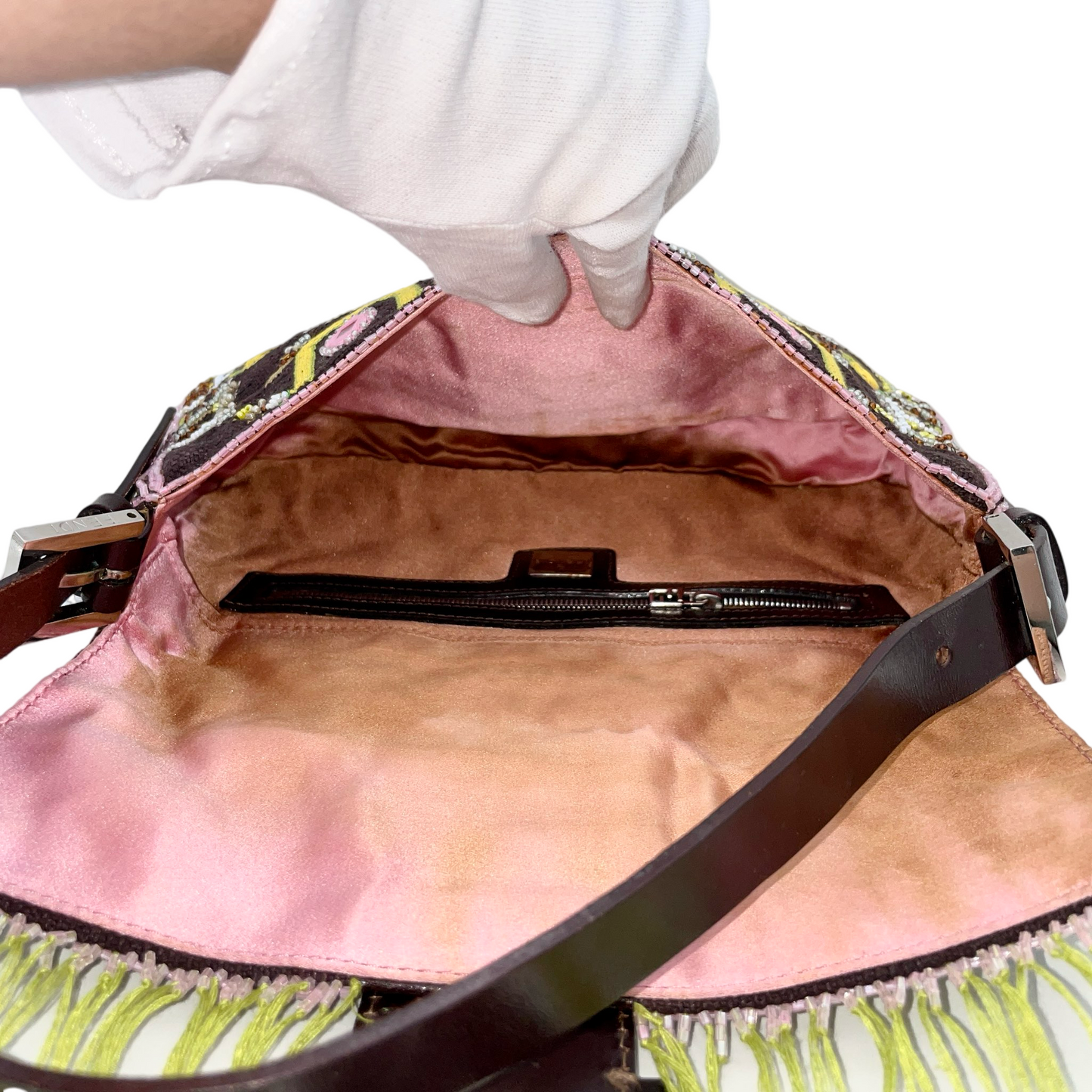 RARE☆☆☆☆FENDI Beads Embroidery Mamma Baguette PM Shoulder Bag Brown &amp; Green etc...