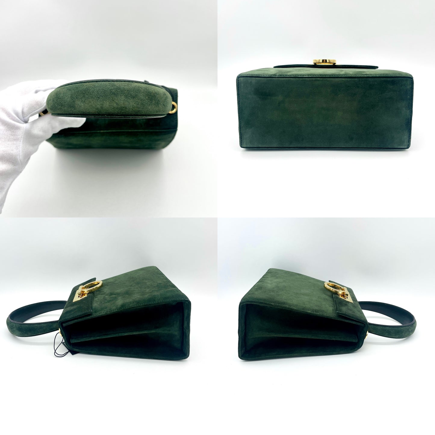 RARE☆☆☆Salvatore Ferragamo Ganchini 2WAY Handbag PM Dark Green Suede Leather