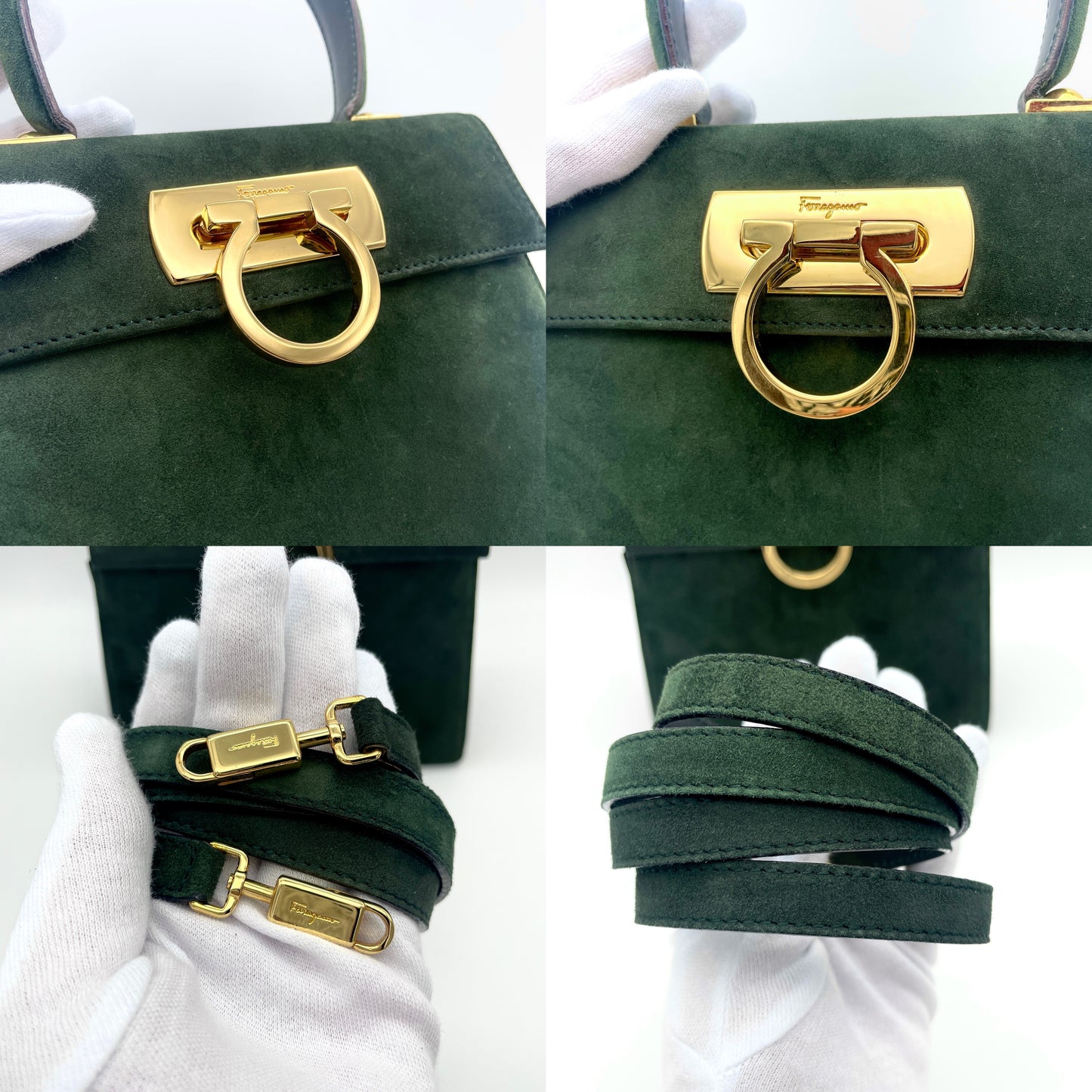 RARE☆☆☆Salvatore Ferragamo Ganchini 2WAY Handbag PM Dark Green Suede Leather