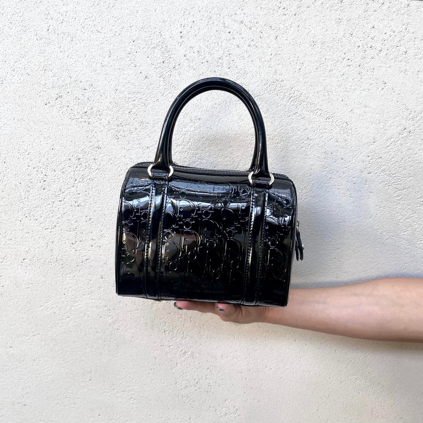 RARE★★★★CHRISTIAN DIOR 2006 Trotter Patent Leather Boston Top Handle Bag Mini Black Silver