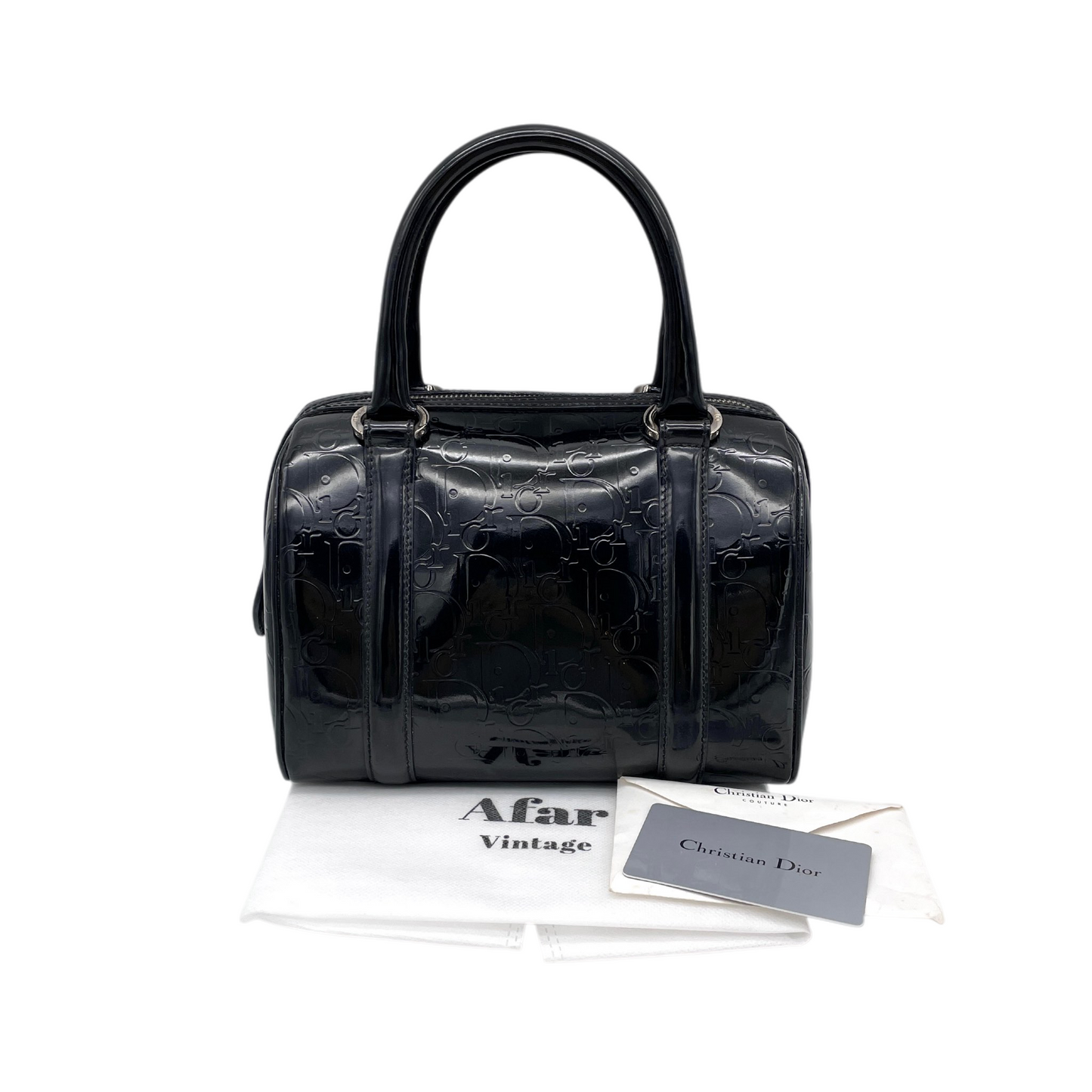 RARE★★★★CHRISTIAN DIOR 2006 Trotter Patent Leather Boston Top Handle Bag Mini Black Silver