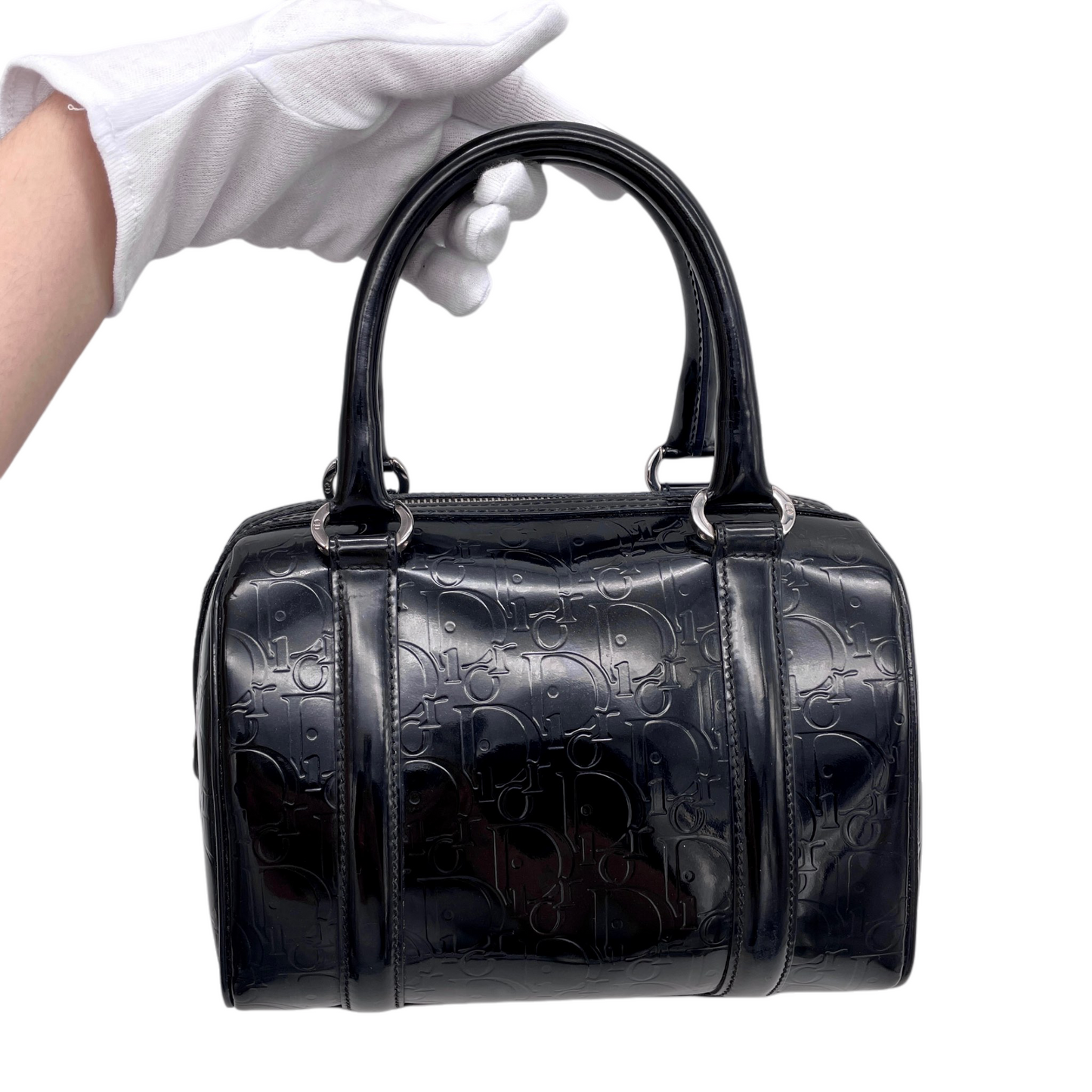 RARE★★★★CHRISTIAN DIOR 2006 Trotter Patent Leather Boston Top Handle Bag Mini Black Silver