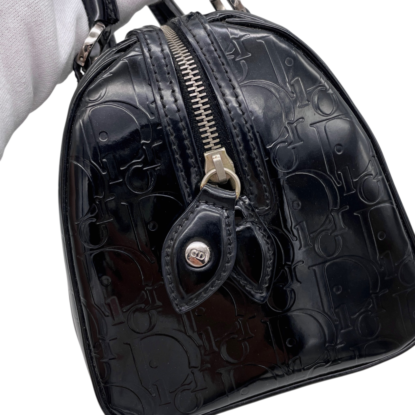 RARE★★★★CHRISTIAN DIOR 2006 Trotter Patent Leather Boston Top Handle Bag Mini Black Silver