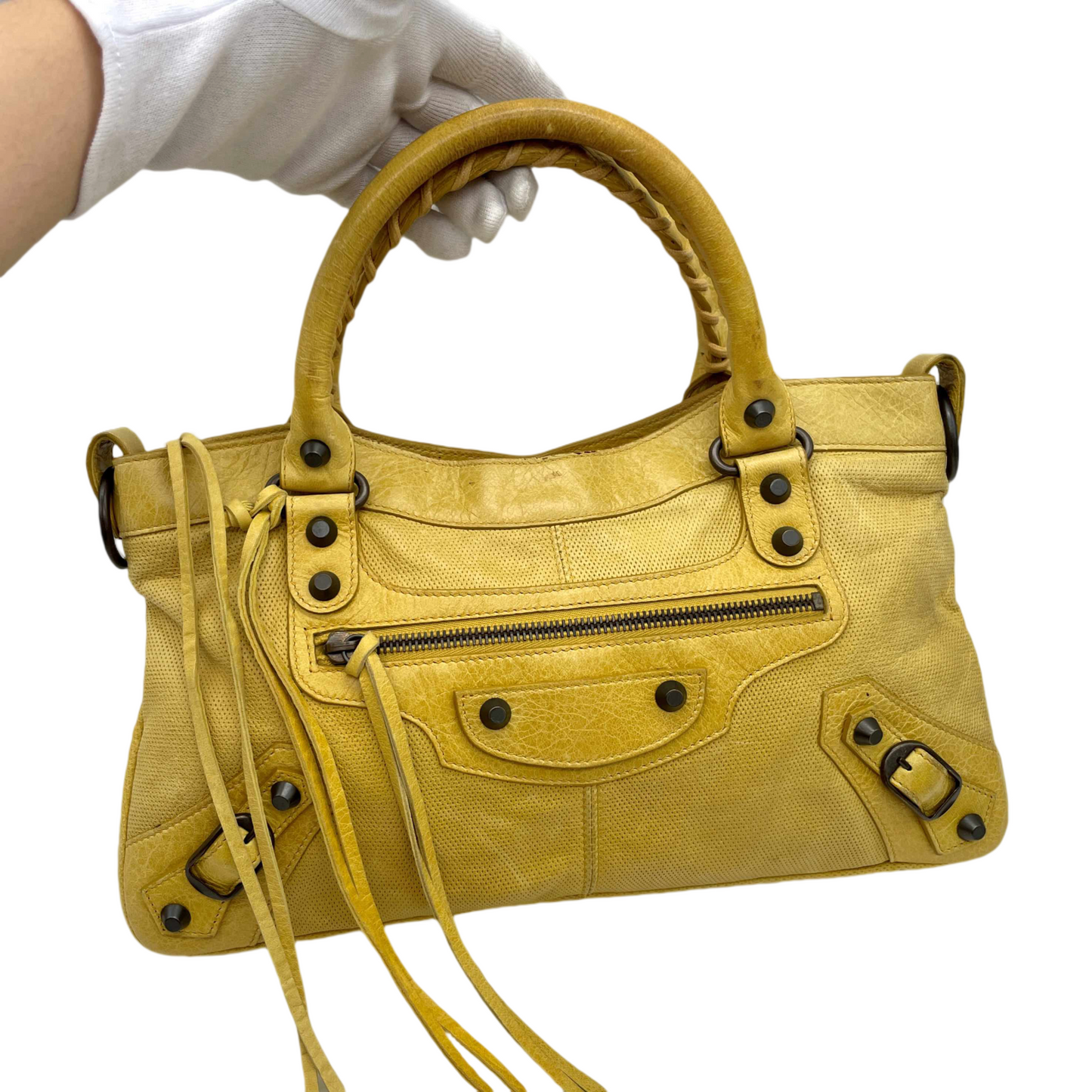 RARE☆☆☆☆Balenciaga Punching Leather Le City First 2Way Hand Bag with Strap Yellow &amp; Brass Hardware