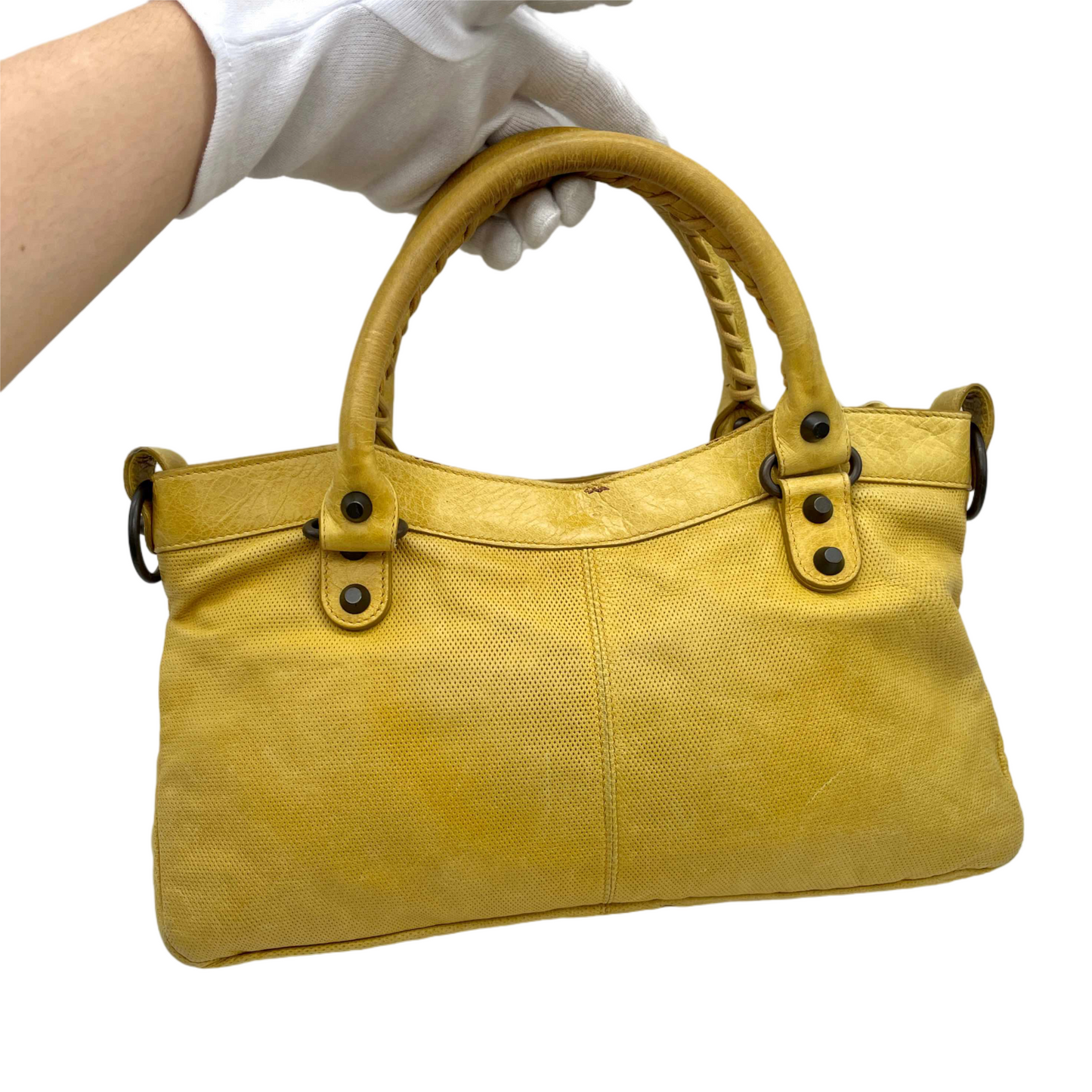 RARE☆☆☆☆Balenciaga Punching Leather Le City First 2Way Hand Bag with Strap Yellow &amp; Brass Hardware