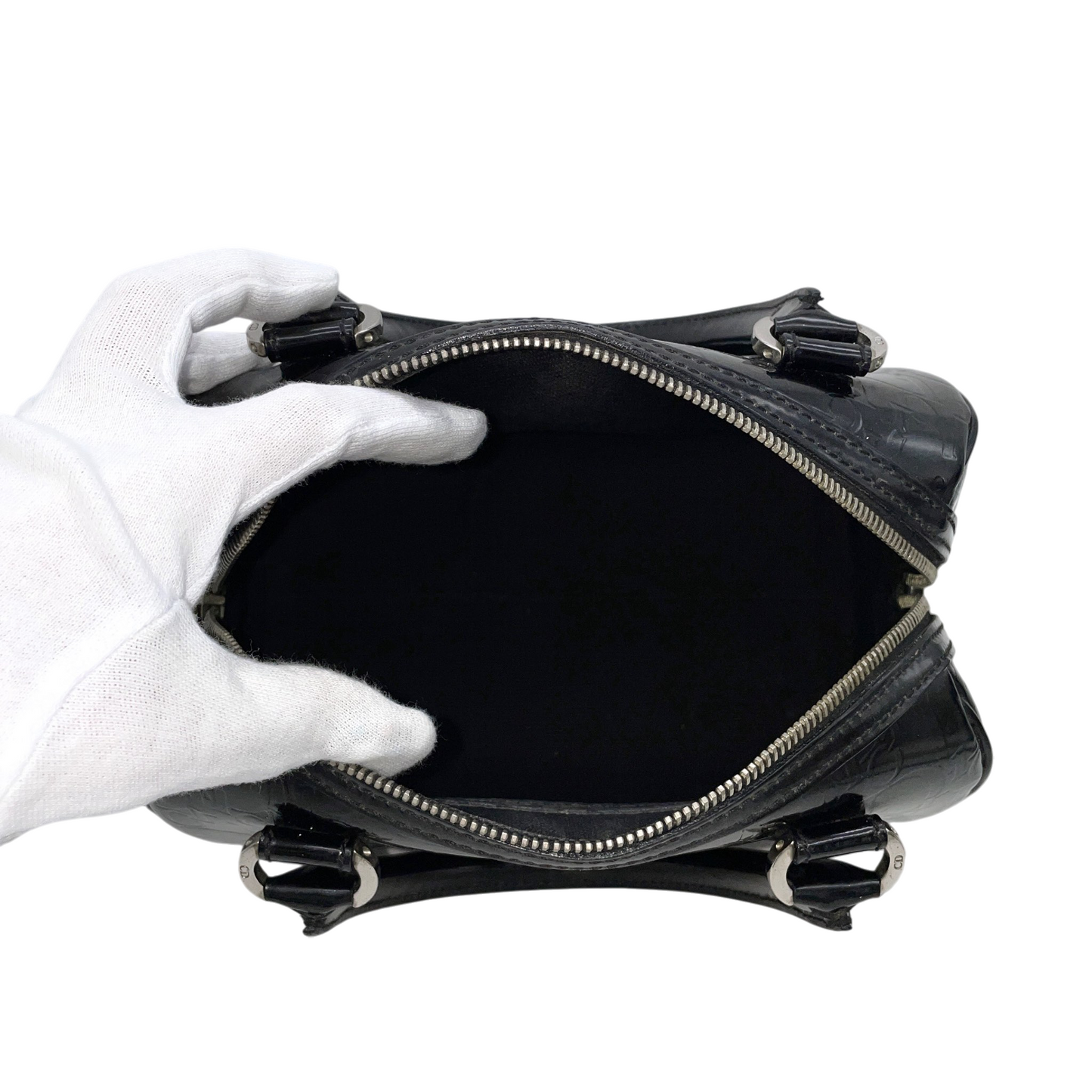 RARE★★★★CHRISTIAN DIOR 2006 Trotter Patent Leather Boston Top Handle Bag Mini Black Silver