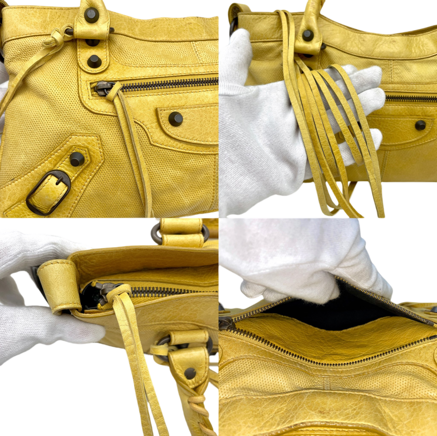 RARE☆☆☆☆Balenciaga Punching Leather Le City First 2Way Hand Bag with Strap Yellow &amp; Brass Hardware