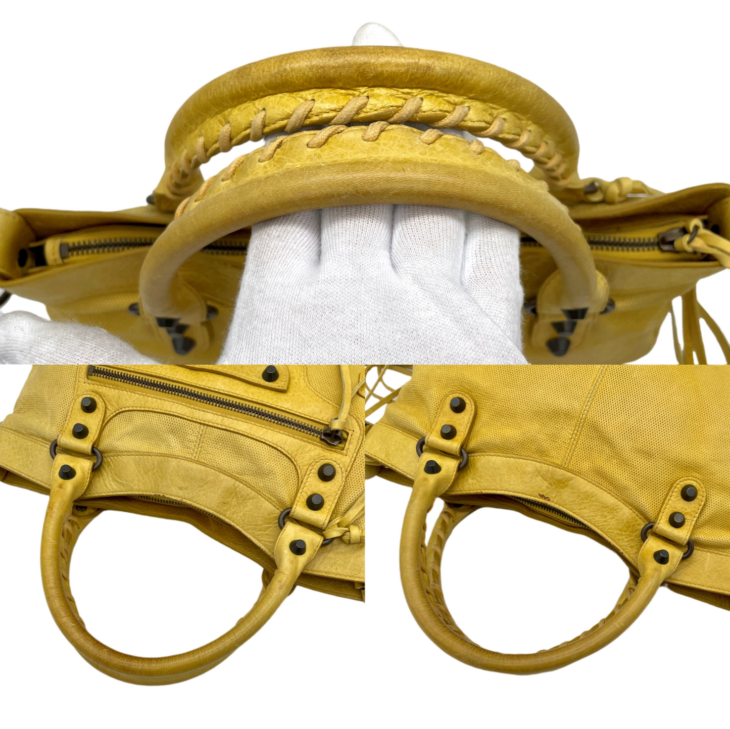 RARE☆☆☆☆Balenciaga Punching Leather Le City First 2Way Hand Bag with Strap Yellow &amp; Brass Hardware