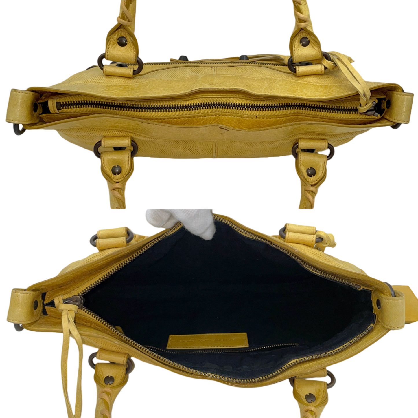 RARE☆☆☆☆Balenciaga Punching Leather Le City First 2Way Hand Bag with Strap Yellow &amp; Brass Hardware