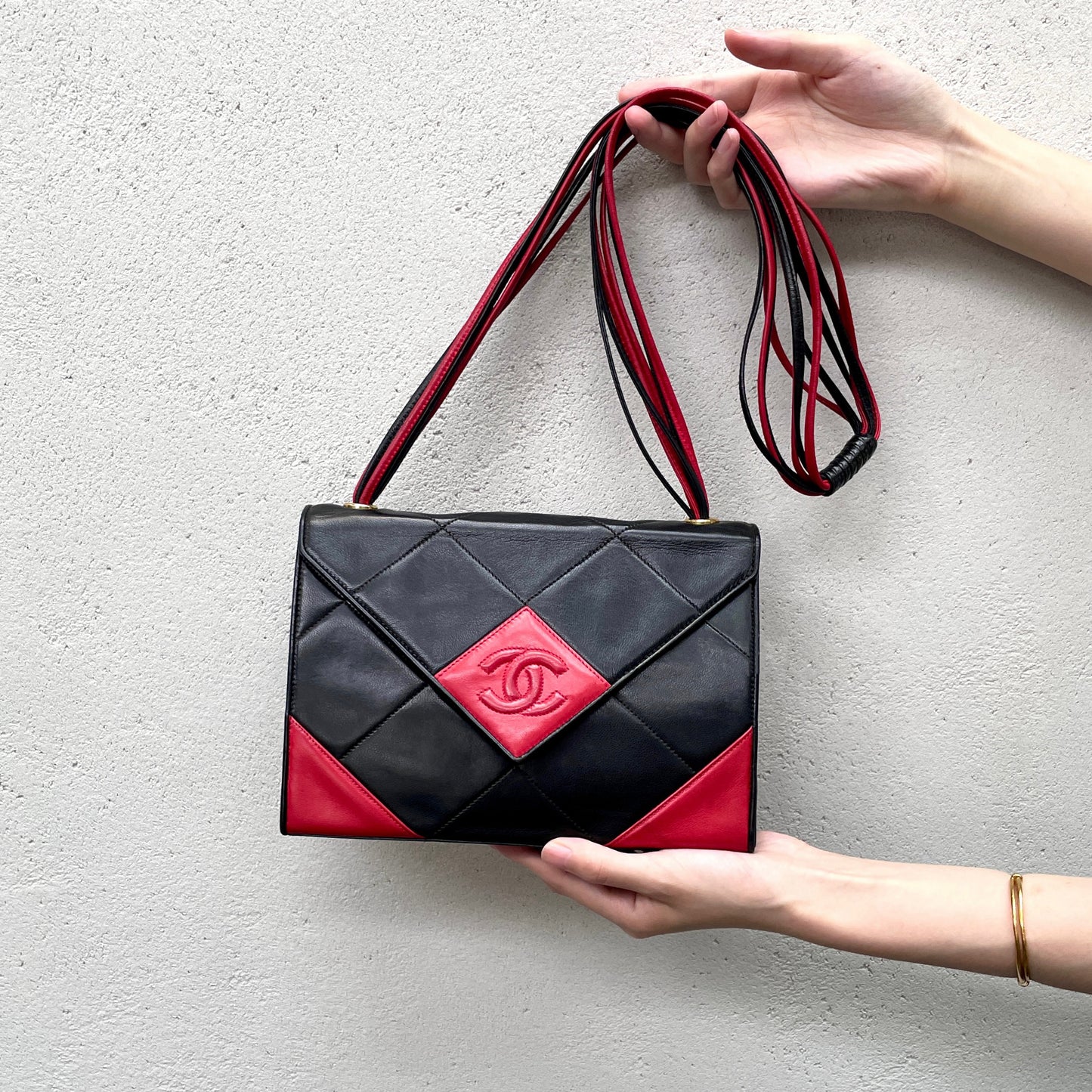 CHANEL Lambskin Vintage Shoulder Bag/Black x Red