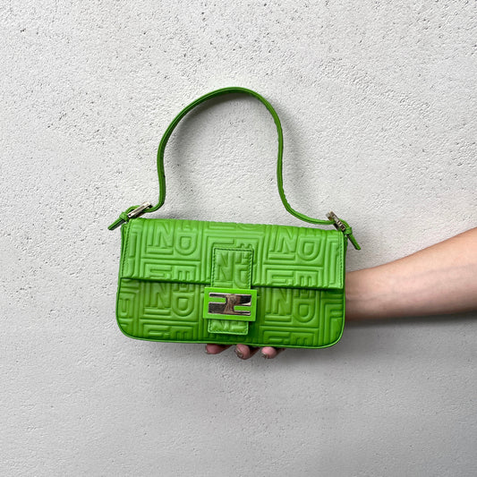 RARE☆☆☆☆Auth FENDI Leather FENDI Logos Mamma Baguette PM Shoulder Bag Green &amp; Gold