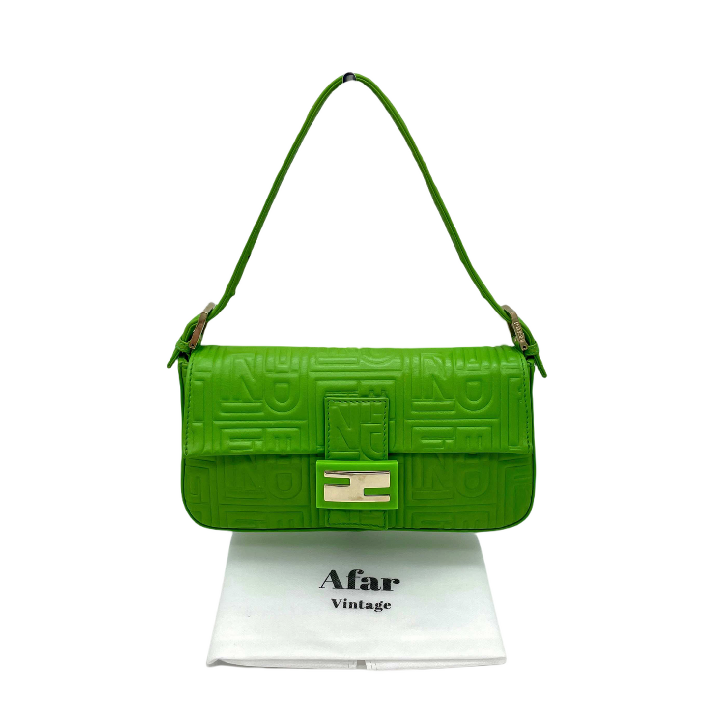 RARE☆☆☆☆Auth FENDI Leather FENDI Logos Mamma Baguette PM Shoulder Bag Green &amp; Gold