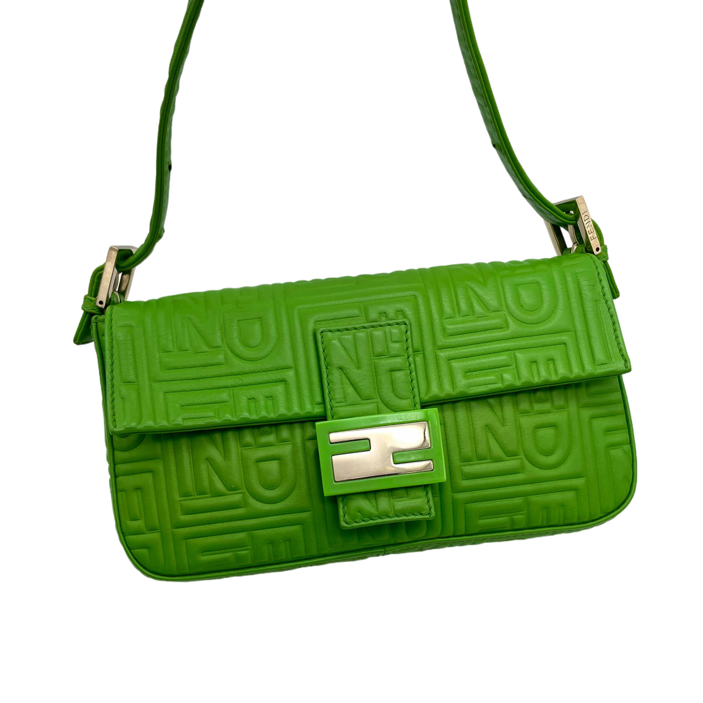 RARE☆☆☆☆Auth FENDI Leather FENDI Logos Mamma Baguette PM Shoulder Bag Green &amp; Gold