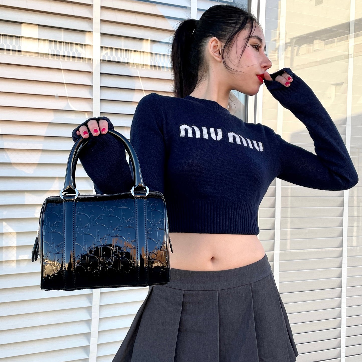 RARE★★★★CHRISTIAN DIOR 2006 Trotter Patent Leather Boston Top Handle Bag Mini Black Silver