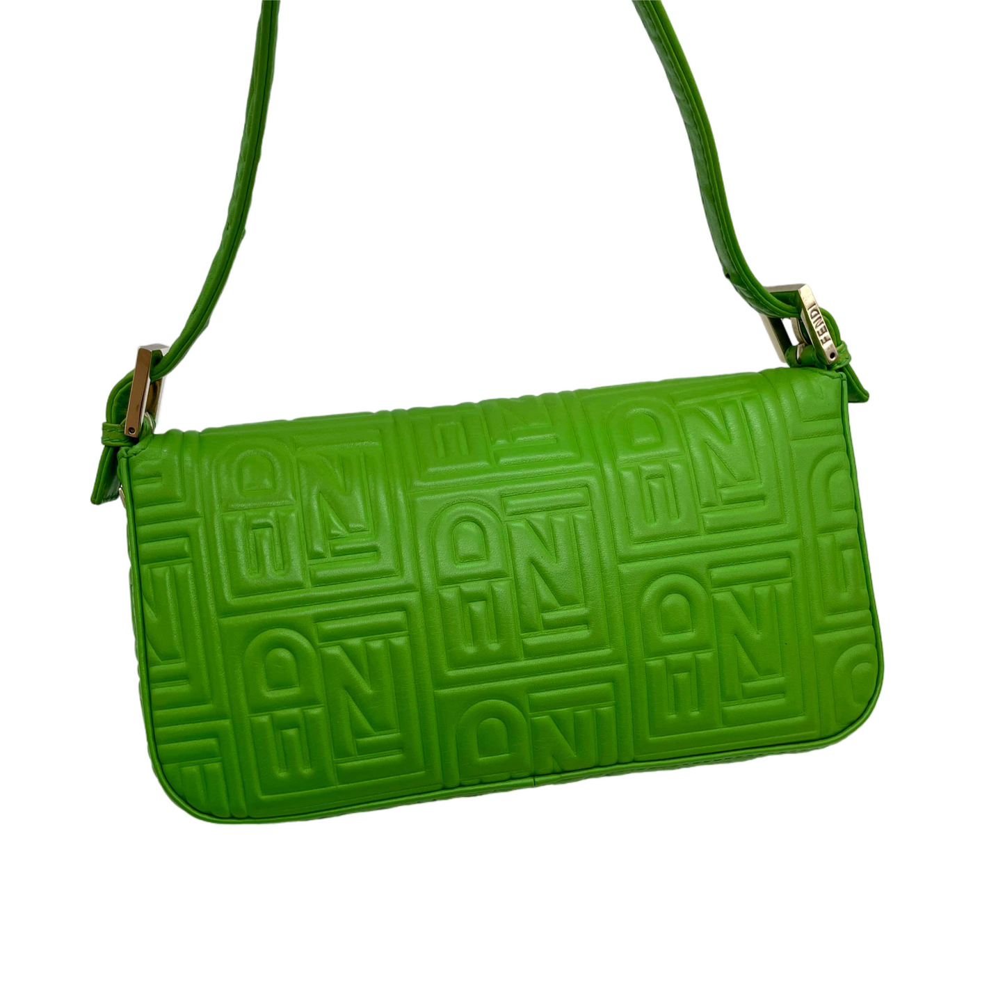 RARE☆☆☆☆Auth FENDI Leather FENDI Logos Mamma Baguette PM Shoulder Bag Green &amp; Gold