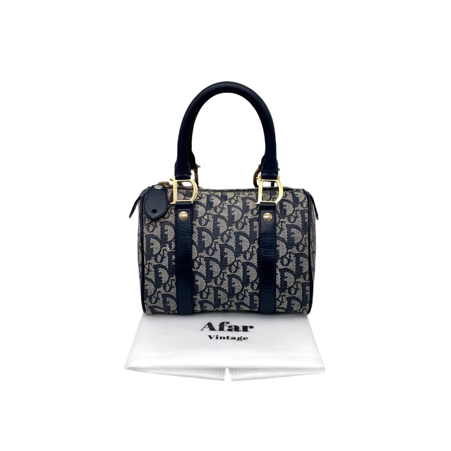 RARE☆☆☆CHRISTIAN DIOR Trotter Canvas Mini Boston Handbag 20cm Navy &amp; Gold