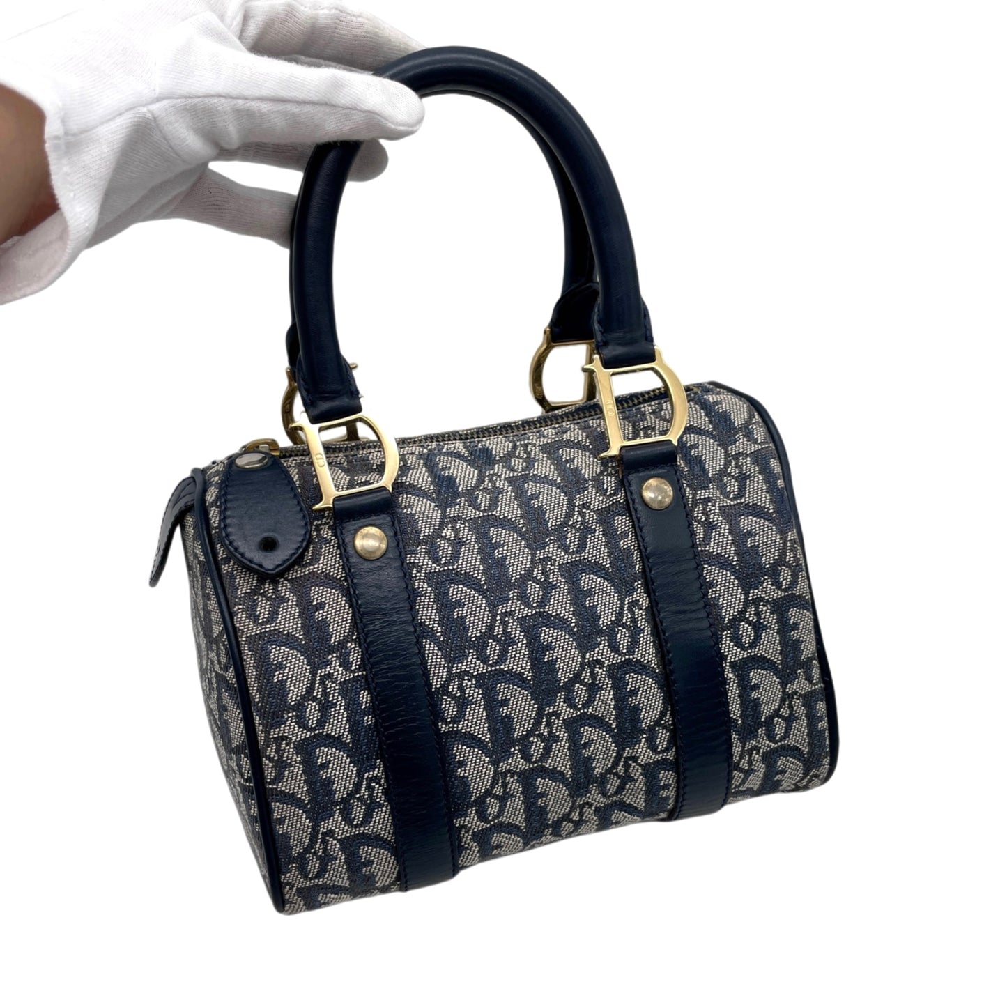 RARE☆☆☆CHRISTIAN DIOR Trotter Canvas Mini Boston Handbag 20cm Navy &amp; Gold