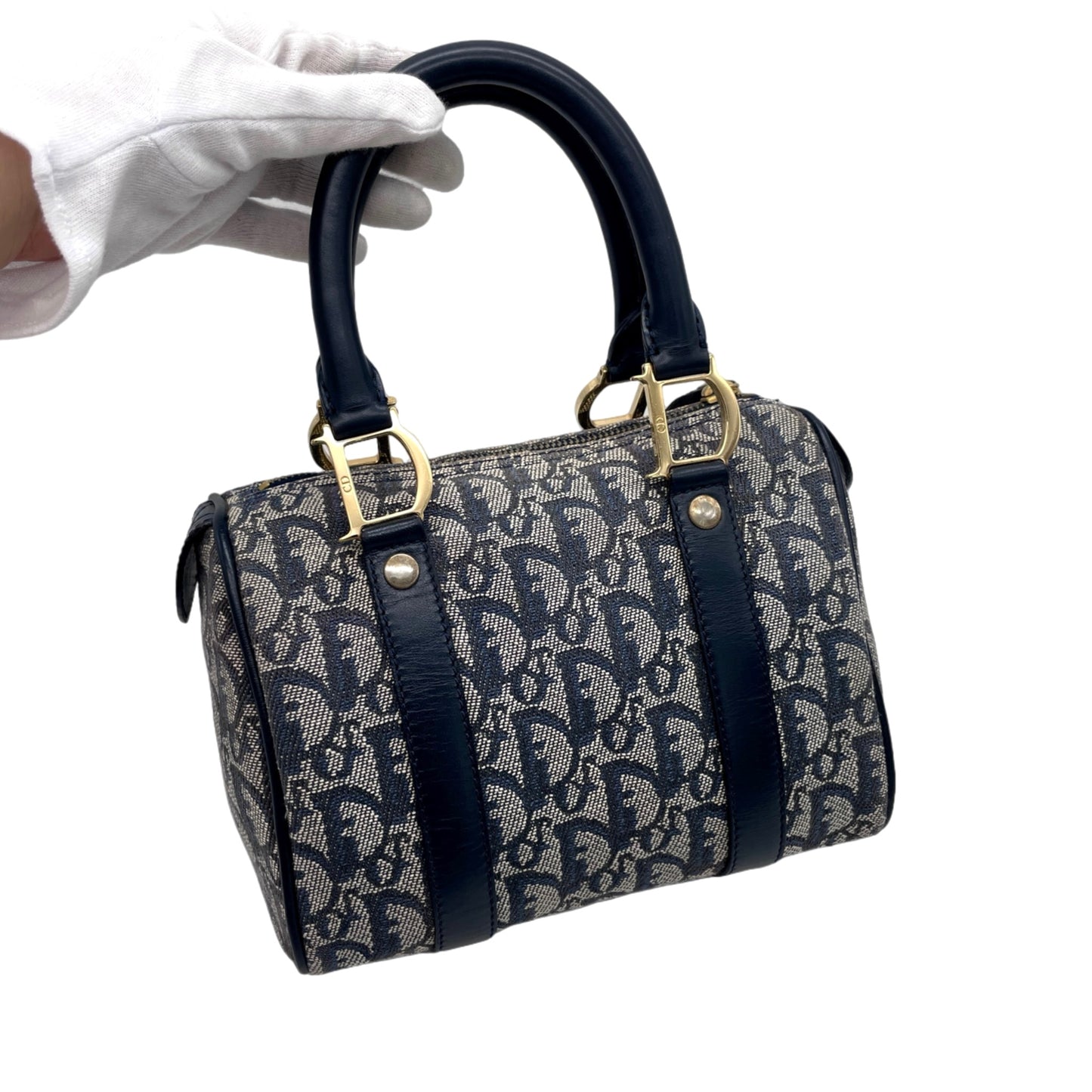 RARE☆☆☆CHRISTIAN DIOR Trotter Canvas Mini Boston Handbag 20cm Navy &amp; Gold