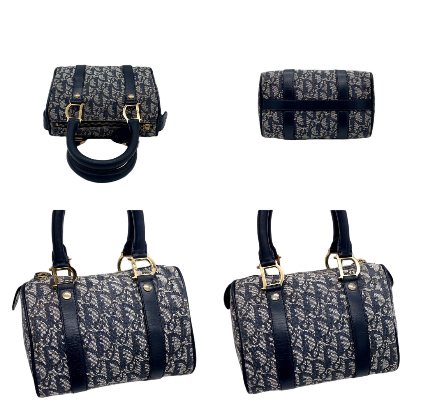 RARE☆☆☆CHRISTIAN DIOR Trotter Canvas Mini Boston Handbag 20cm Navy &amp; Gold