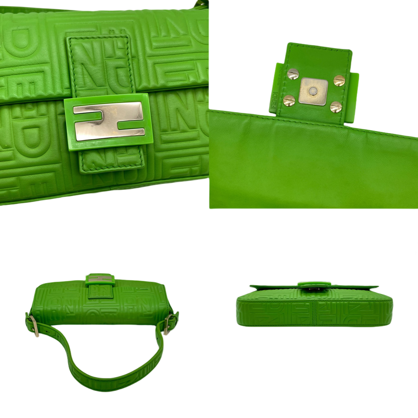 RARE☆☆☆☆Auth FENDI Leather FENDI Logos Mamma Baguette PM Shoulder Bag Green &amp; Gold