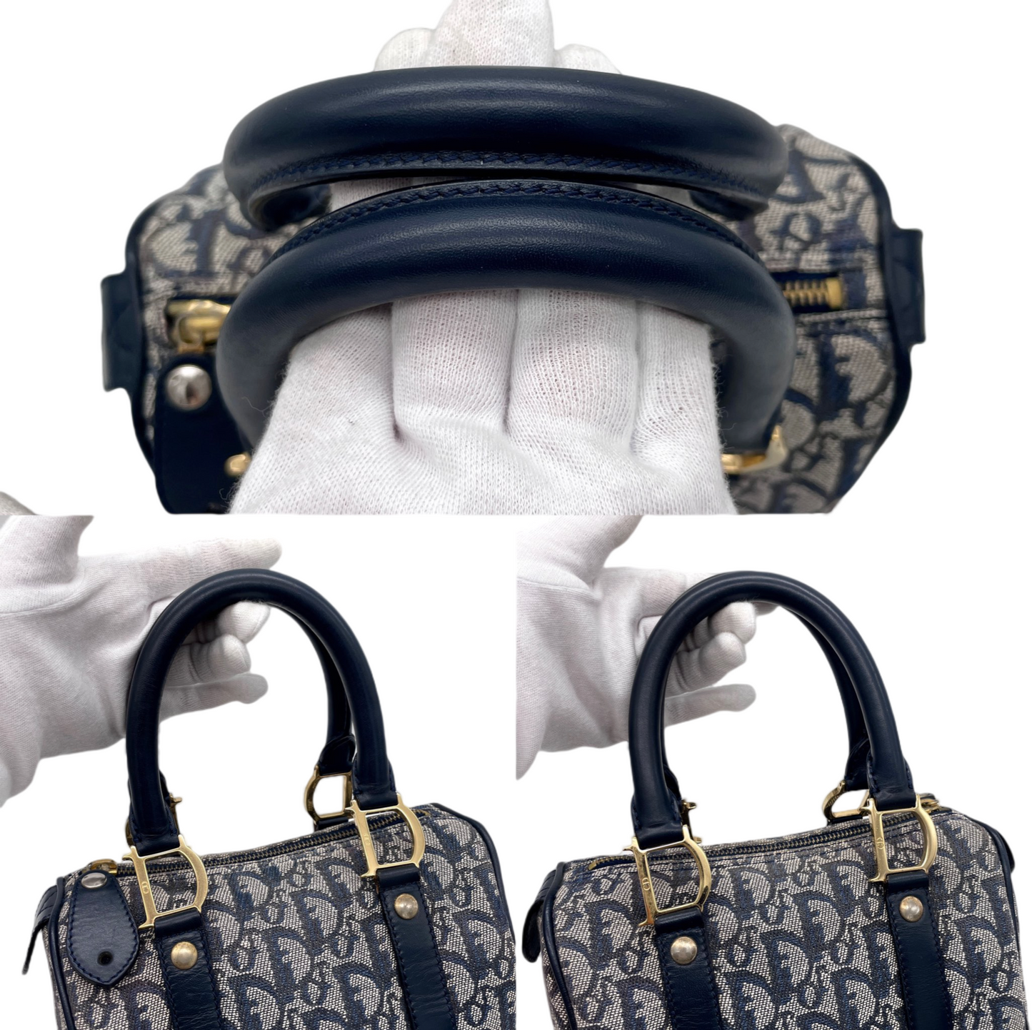 RARE☆☆☆CHRISTIAN DIOR Trotter Canvas Mini Boston Handbag 20cm Navy &amp; Gold