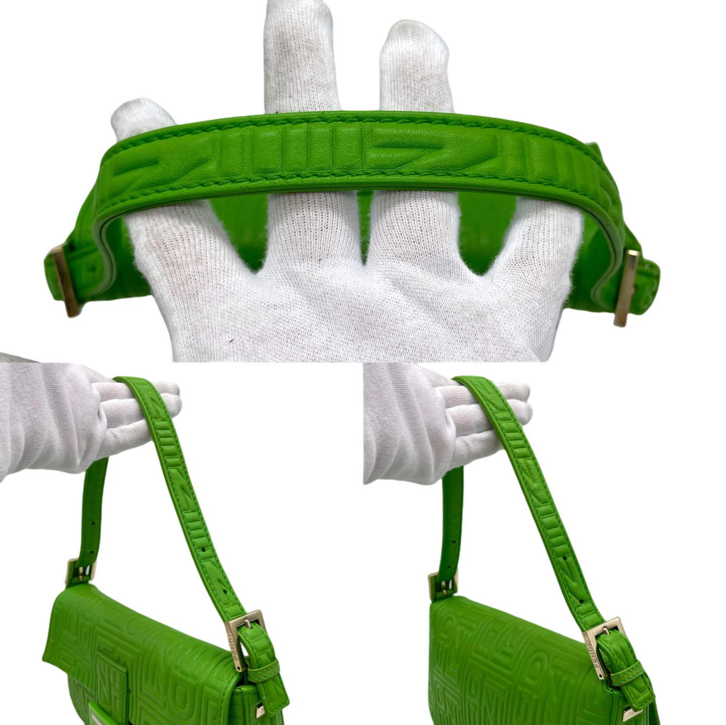 RARE☆☆☆☆Auth FENDI Leather FENDI Logos Mamma Baguette PM Shoulder Bag Green &amp; Gold