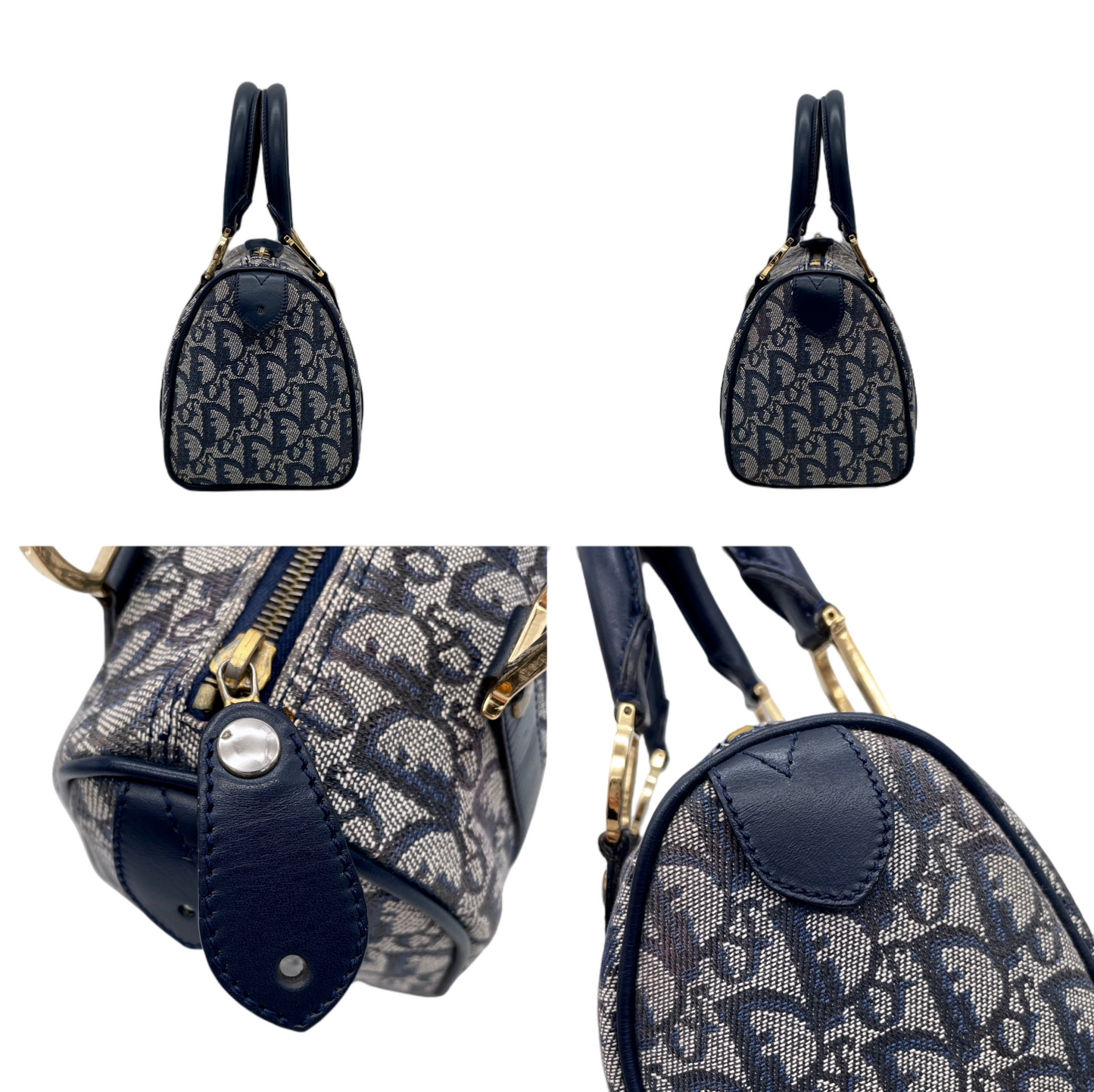 RARE☆☆☆CHRISTIAN DIOR Trotter Canvas Mini Boston Handbag 20cm Navy &amp; Gold