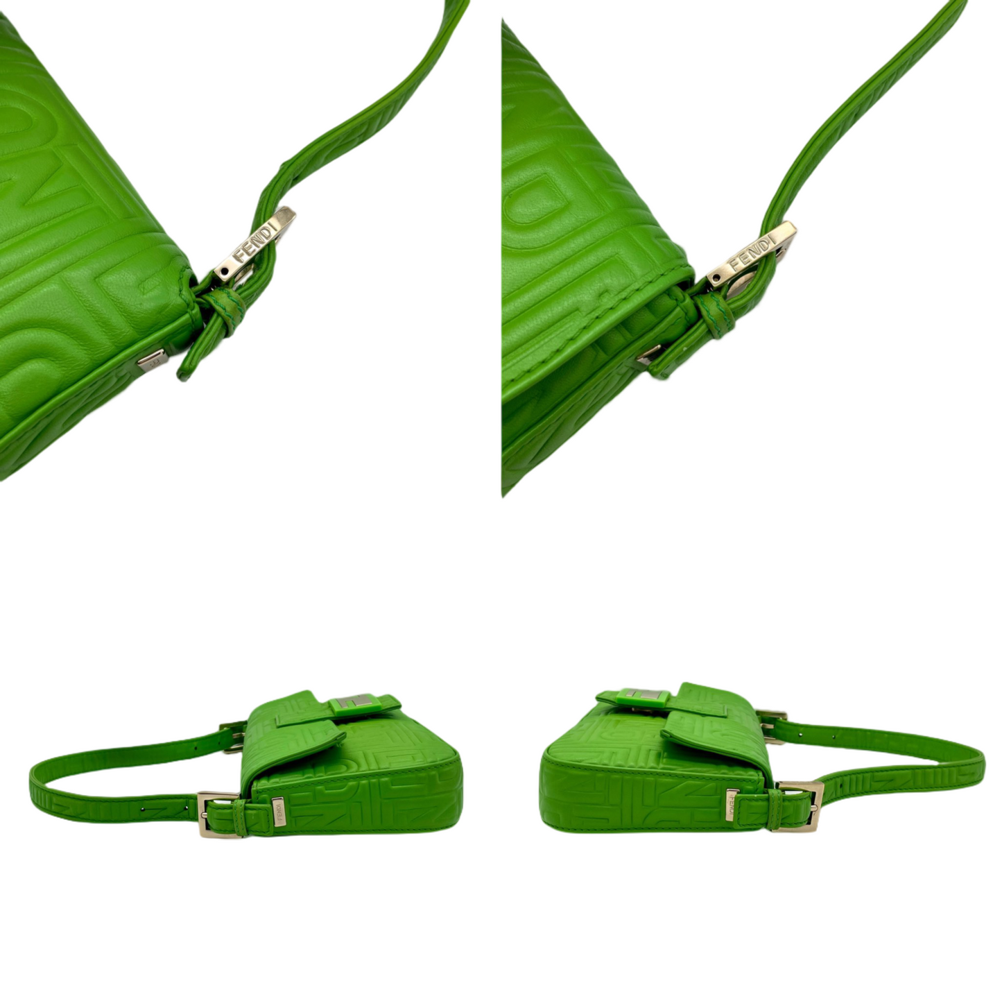 RARE☆☆☆☆Auth FENDI Leather FENDI Logos Mamma Baguette PM Shoulder Bag Green &amp; Gold