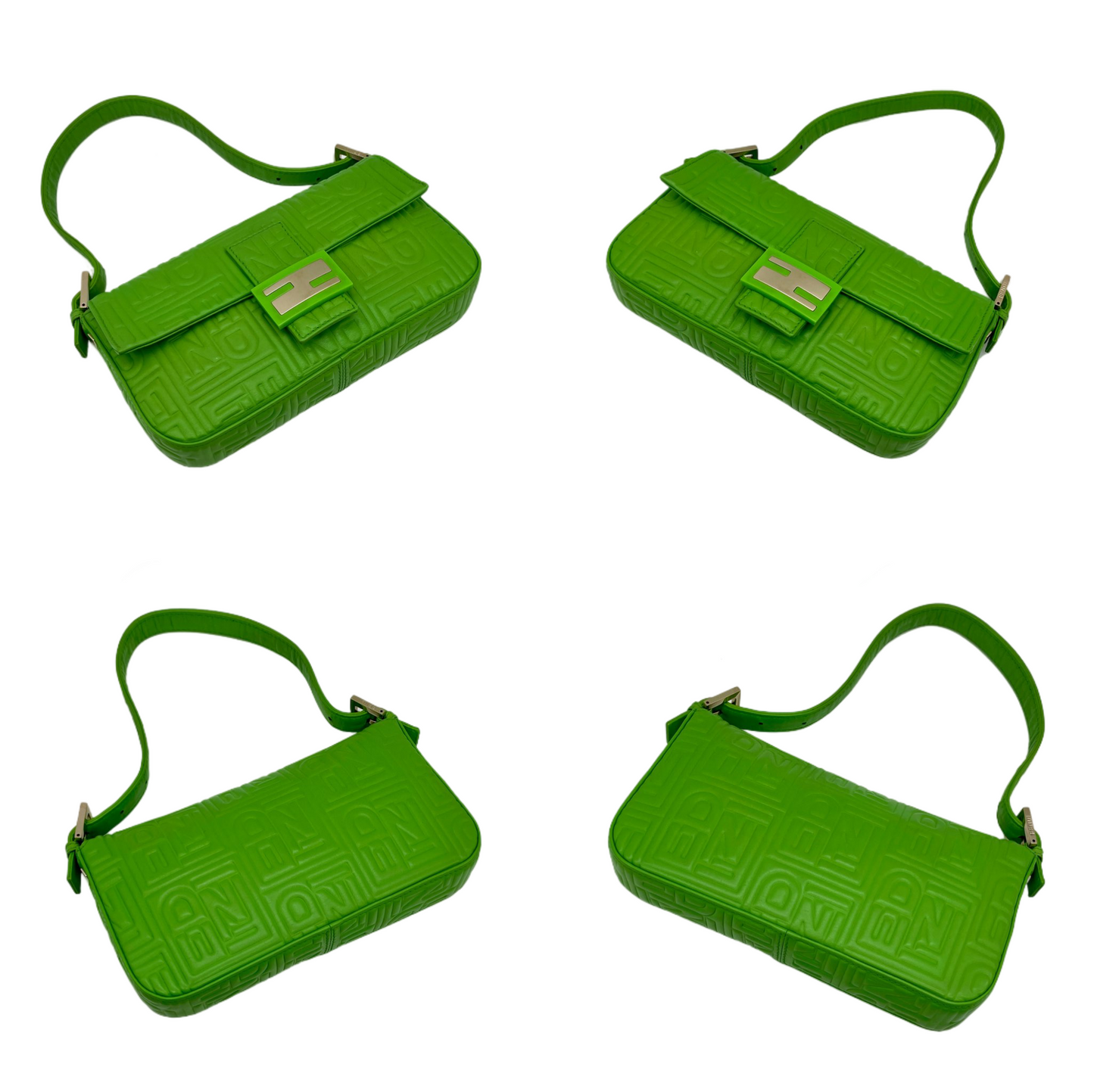 RARE☆☆☆☆Auth FENDI Leather FENDI Logos Mamma Baguette PM Shoulder Bag Green &amp; Gold