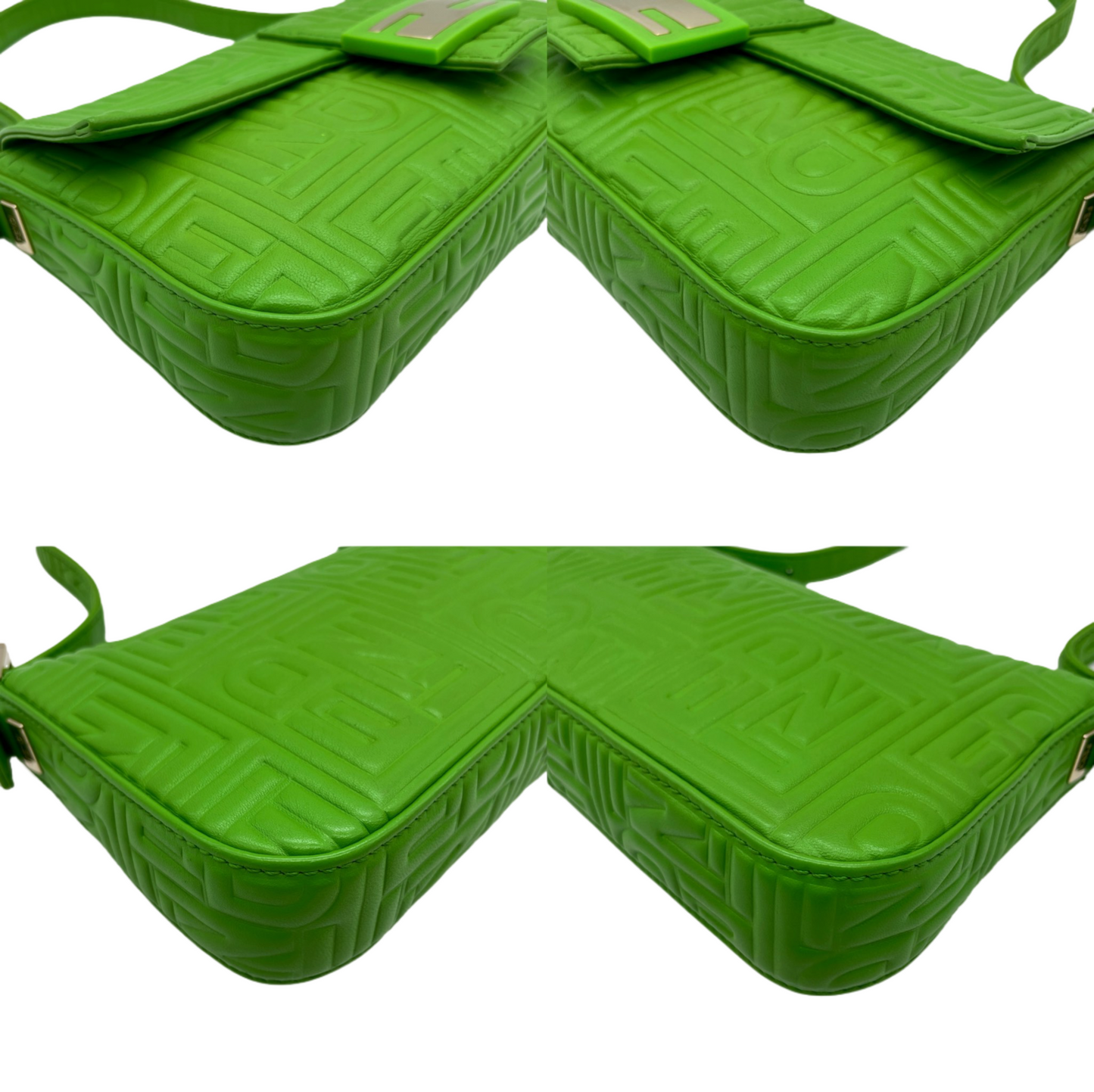 RARE☆☆☆☆Auth FENDI Leather FENDI Logos Mamma Baguette PM Shoulder Bag Green &amp; Gold