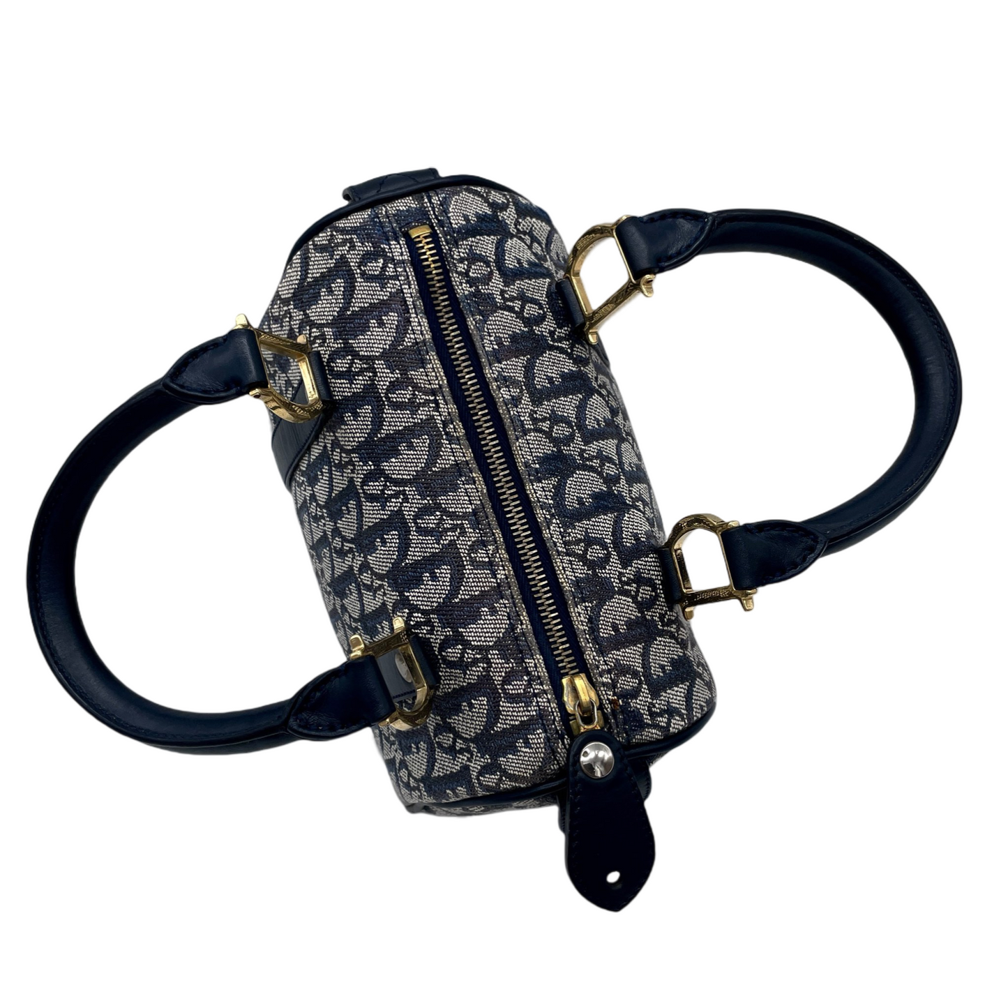 RARE☆☆☆CHRISTIAN DIOR Trotter Canvas Mini Boston Handbag 20cm Navy &amp; Gold