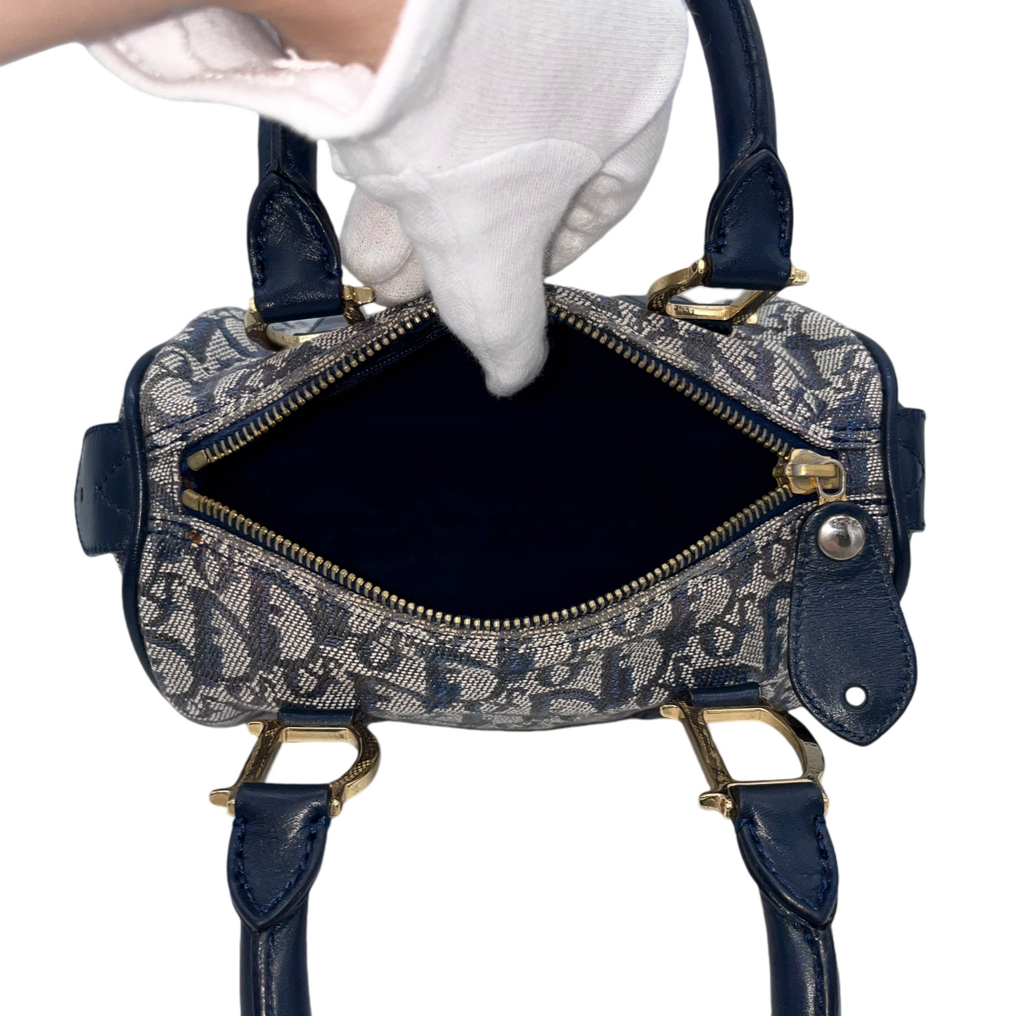 RARE☆☆☆CHRISTIAN DIOR Trotter Canvas Mini Boston Handbag 20cm Navy &amp; Gold