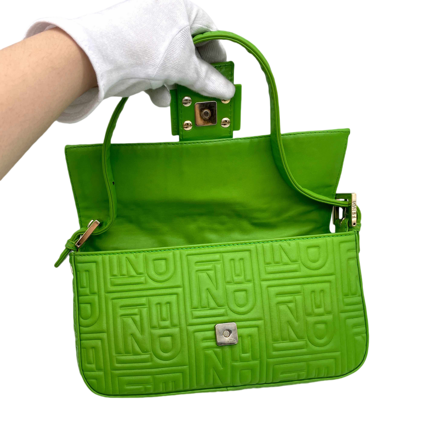 RARE☆☆☆☆Auth FENDI Leather FENDI Logos Mamma Baguette PM Shoulder Bag Green &amp; Gold
