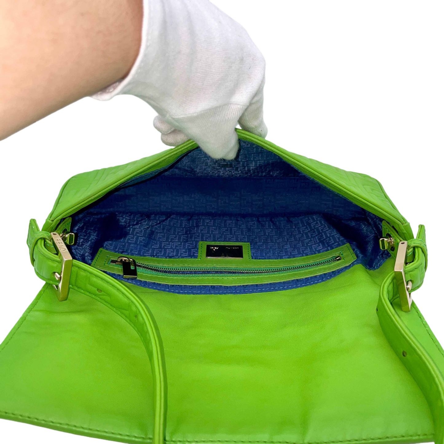 RARE☆☆☆☆Auth FENDI Leather FENDI Logos Mamma Baguette PM Shoulder Bag Green &amp; Gold