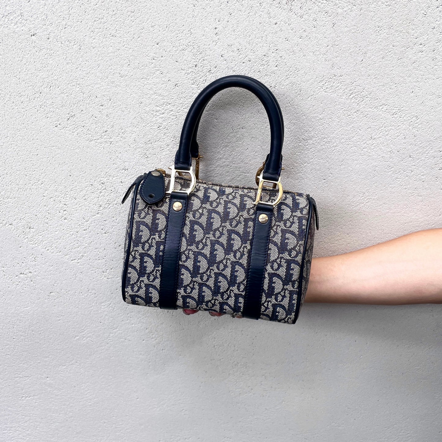 RARE☆☆☆CHRISTIAN DIOR Trotter Canvas Mini Boston Handbag 20cm Navy &amp; Gold