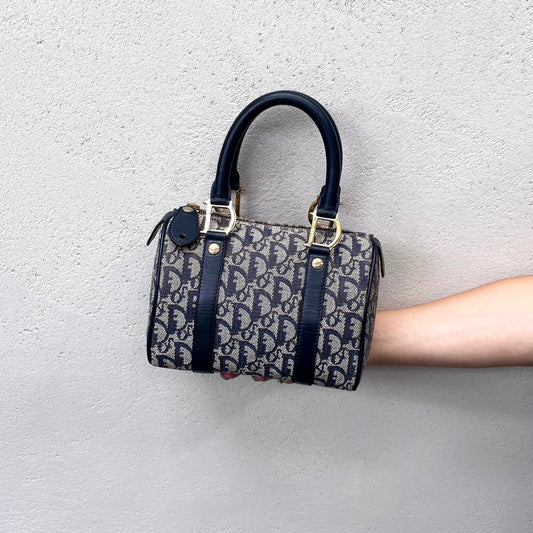 RARE☆☆☆CHRISTIAN DIOR Trotter Canvas Mini Boston Handbag 20cm Navy &amp; Gold