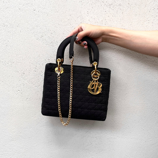 CHRISTIAN DIOR Lady Dior Cannage Nylon Tote Hand Bag MM Black &amp; Gold